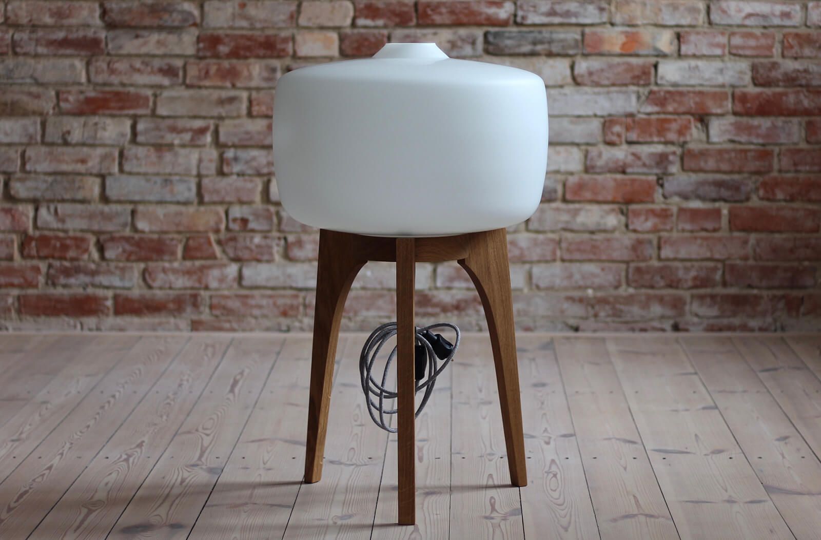 Space Age Floor Lamp, White Glass Lampshade, Wooden Tripod Base, Czech Republic, 1960s