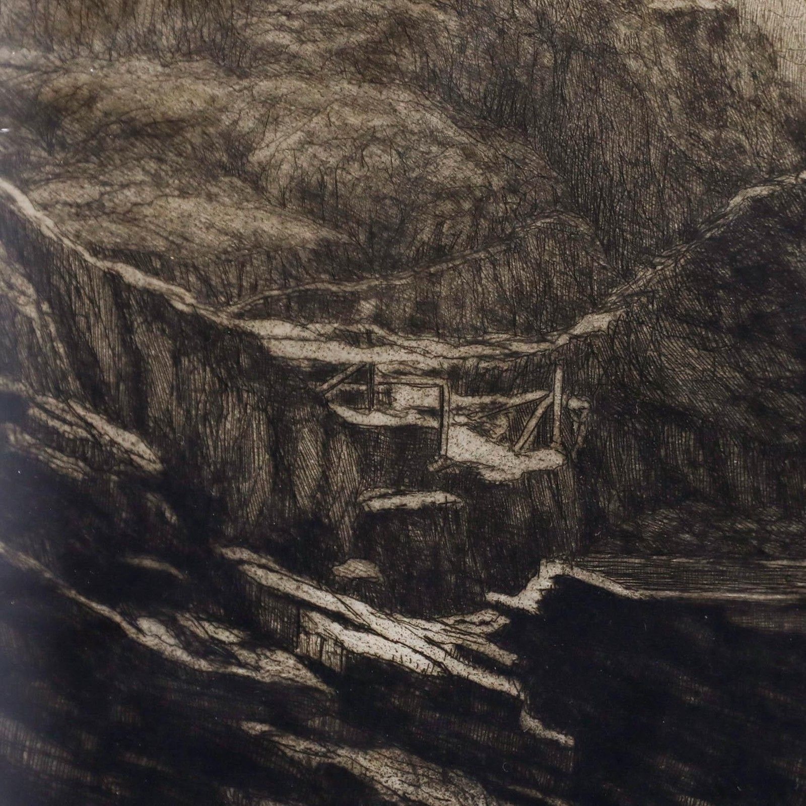 Framed Early 20th Century Etching Mountain Top Ruins photo Art
