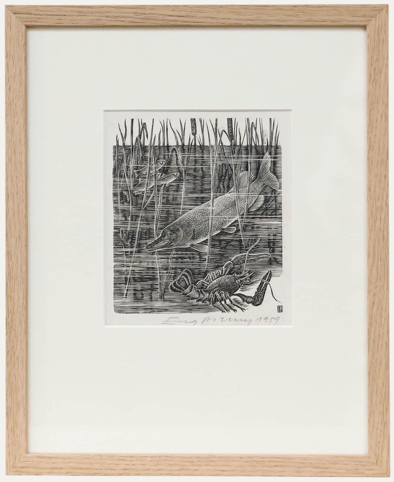 Eugene Pichell (1905 1976) Framed 1959 Wood Engraving, Amongst The Bulrushes