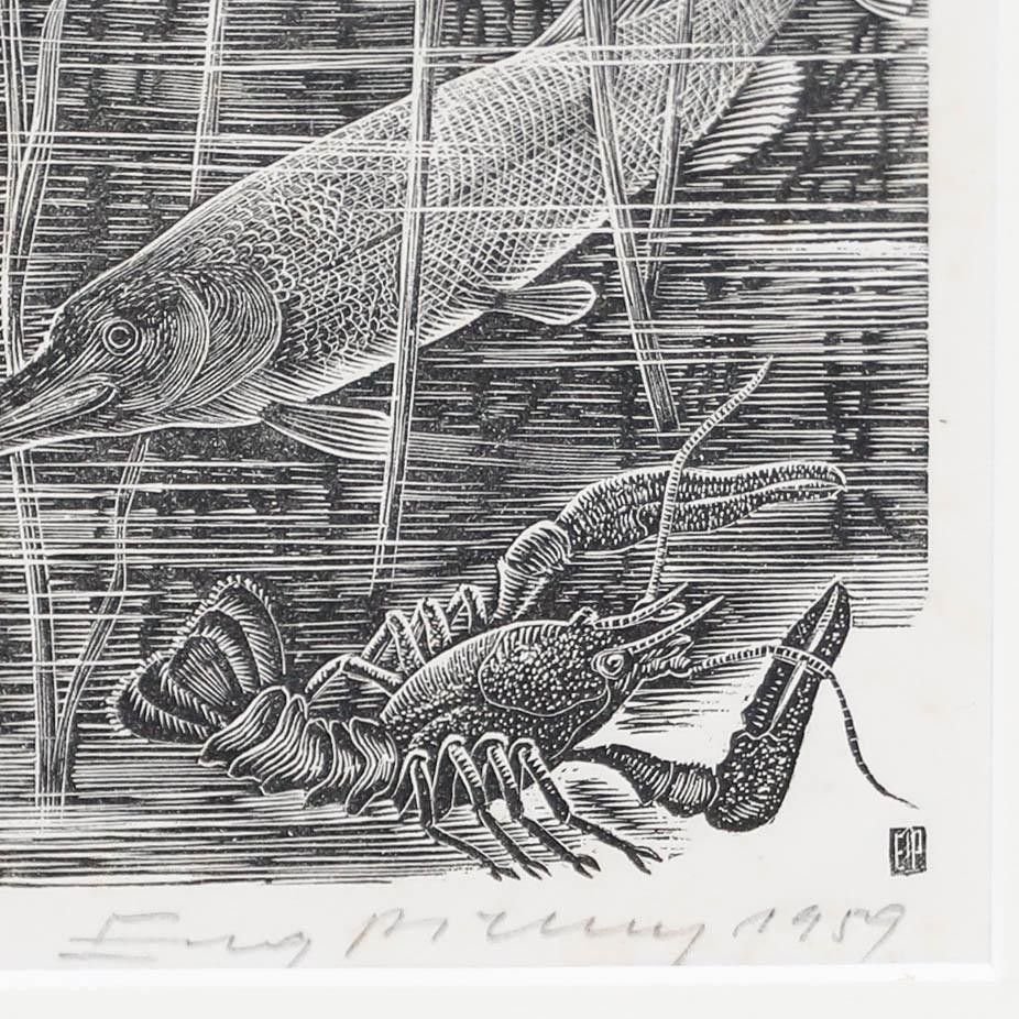 Eugene Pichell (1905 1976) Framed 1959 Wood Engraving, Amongst The Bulrushes photo vinterior