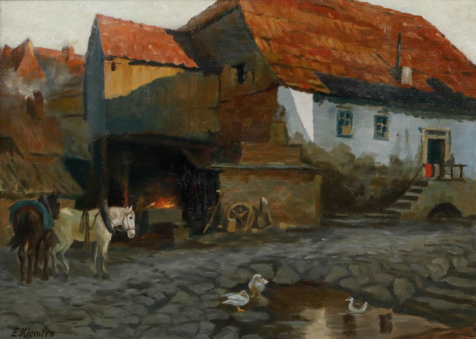 Emil Kiemlen (1869 1956) Framed Mid 20th Century Oil, Outside The Forge photo furniture