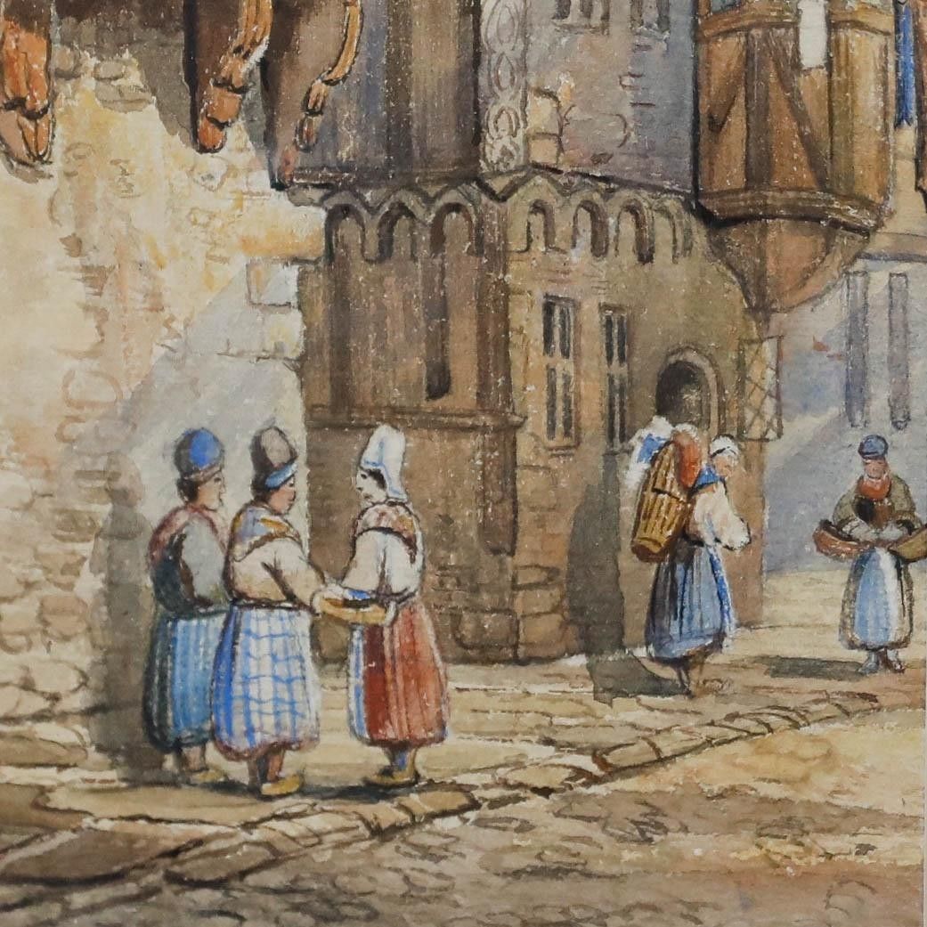 Framed 19th Century Watercolour Conversation In The Street photo 225.0