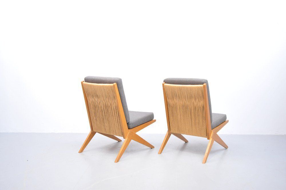 Mid Century Ash Wood Scissor Chairs With Sisal Backrests By Pierre Jeanneret, 1950s, Set Of 2 photo furniture