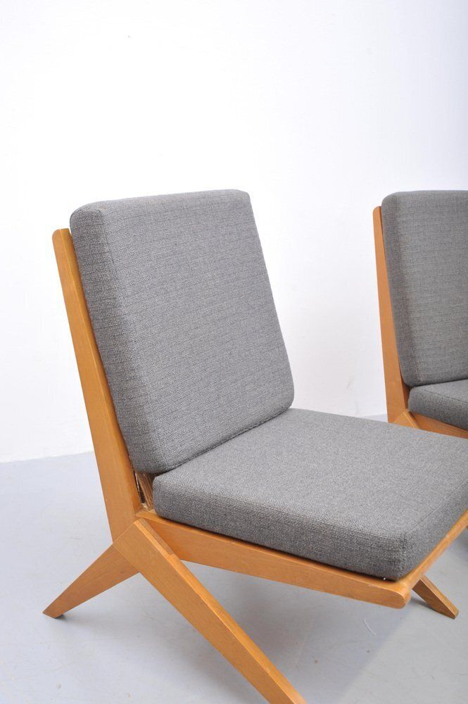 Mid Century Ash Wood Scissor Chairs With Sisal Backrests By Pierre Jeanneret, 1950s, Set Of 2 photo Furniture