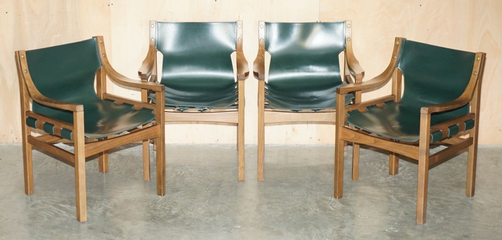Suite Of Four Rrp £5,240 Old Livoni Walnut Framed Green Saddle Leather Armchairs photo furniture