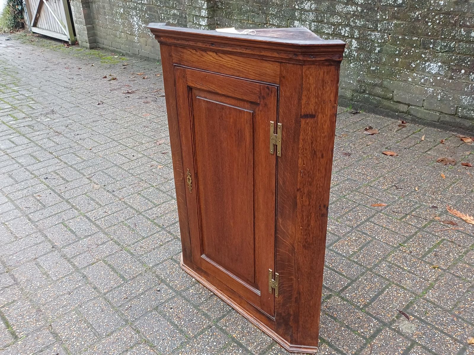 Furniture Antique Oak Corner Wall Cupboard C.1900 Solid Oak Panel Door Georgian Style Brass Hinges Original Key Shaped Shelved photo