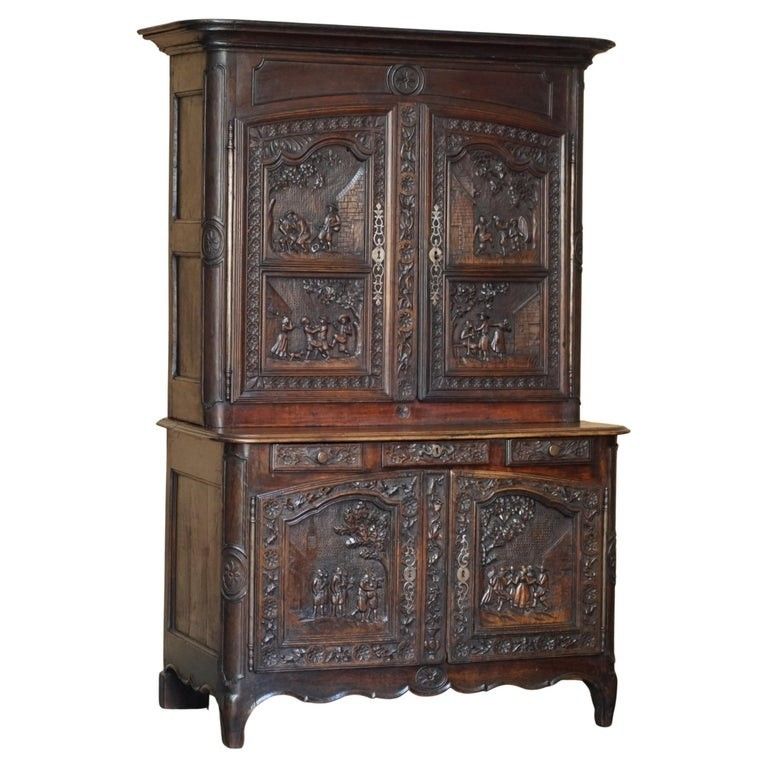 Antique 1860 Ornately Hand Carved Dutch Housekeepers Linen Or Kitchen Cupboard