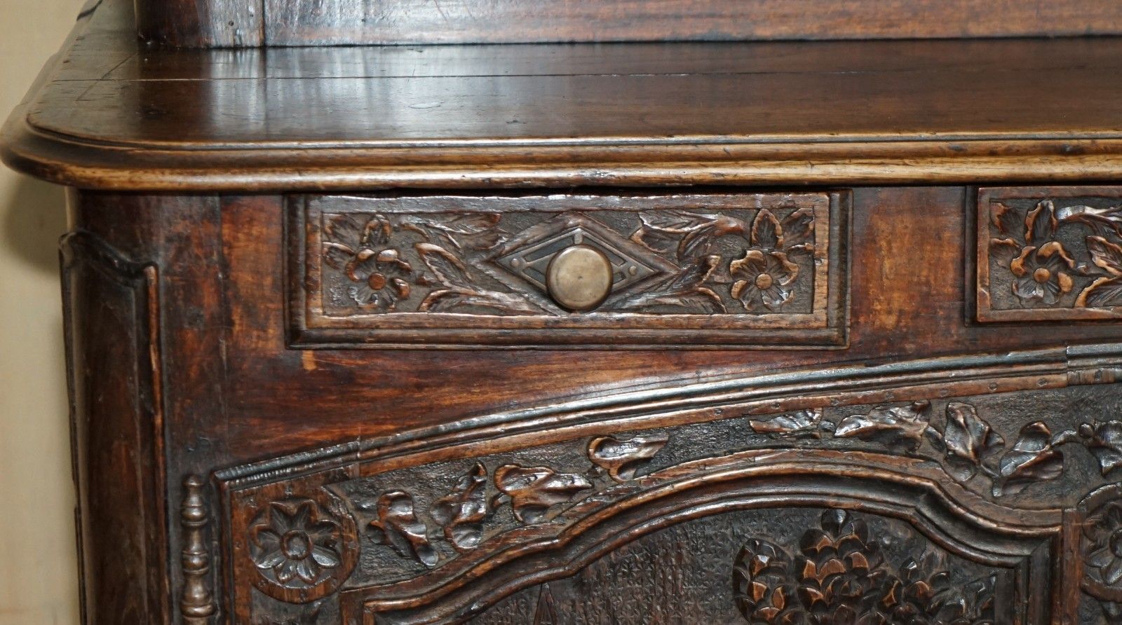 Antique 1860 Ornately Hand Carved Dutch Housekeepers Linen Or Kitchen Cupboard photo vinterior