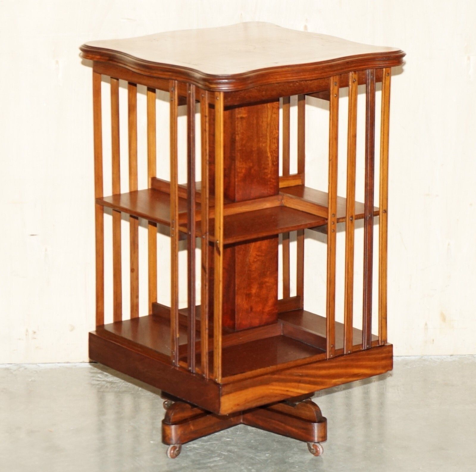 Fine Antique Sheraton Walnut, Satinwood & Porcelain Revolving Bookcase Table photo furniture