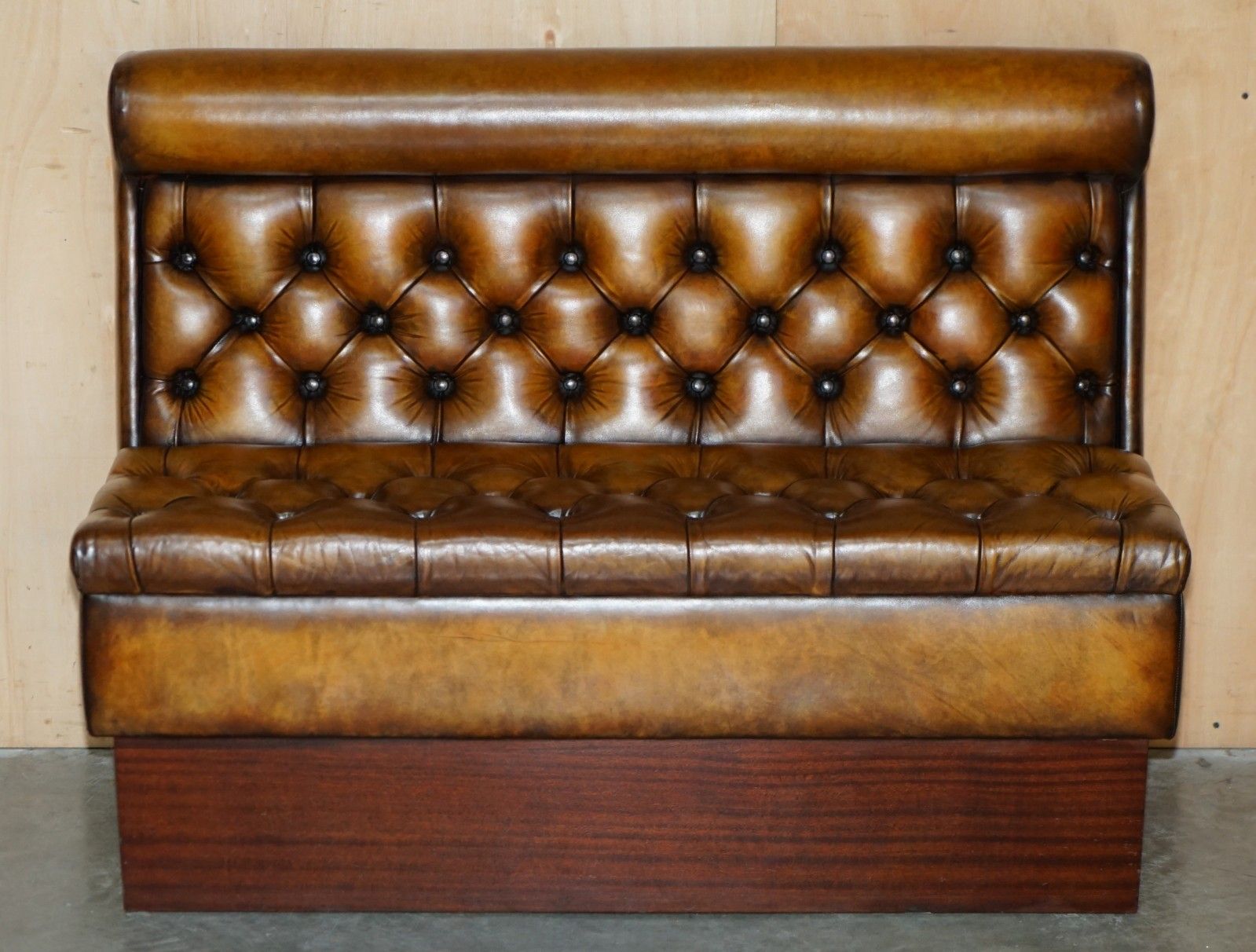Pair Of Restored Antique Victorian Chesterfield Leather Snooker Hall Pub Benches photo for sale