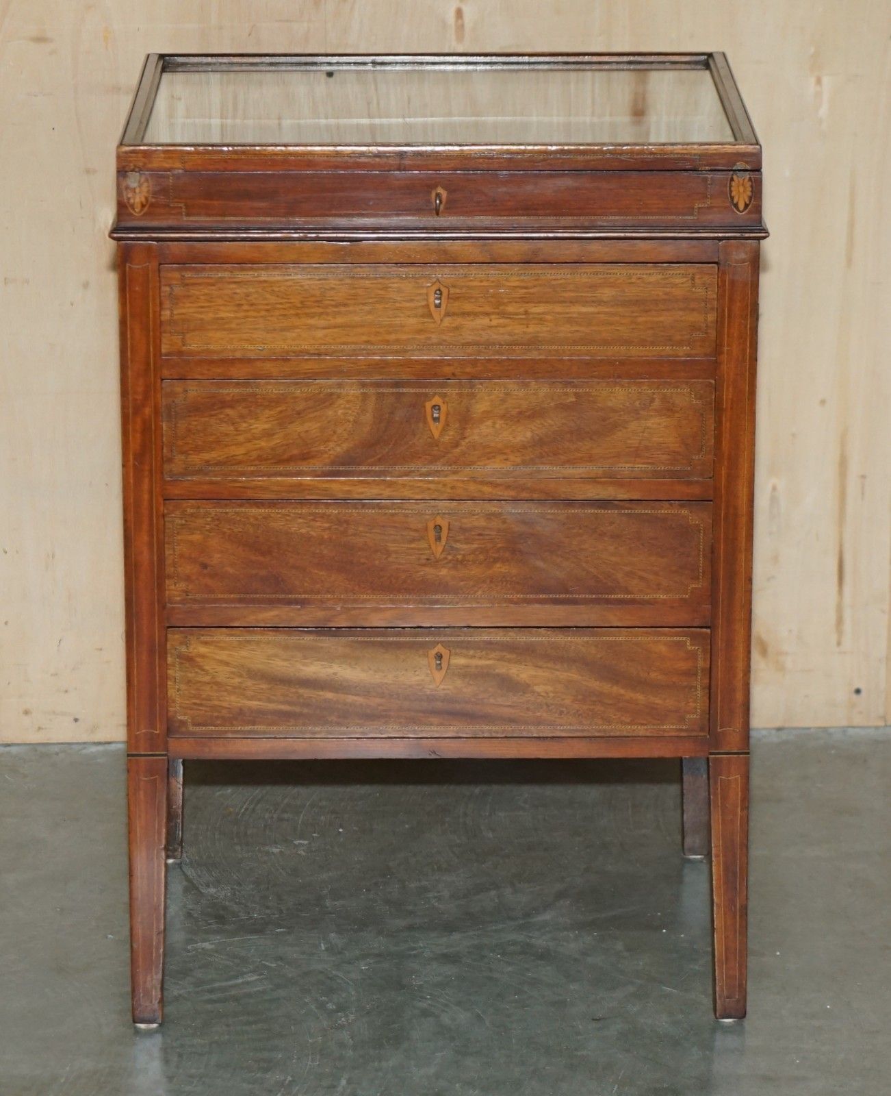 Stunning Antique Victorian Sheraton Walnut Drawers With Napoleonic Blue Display photo for sale