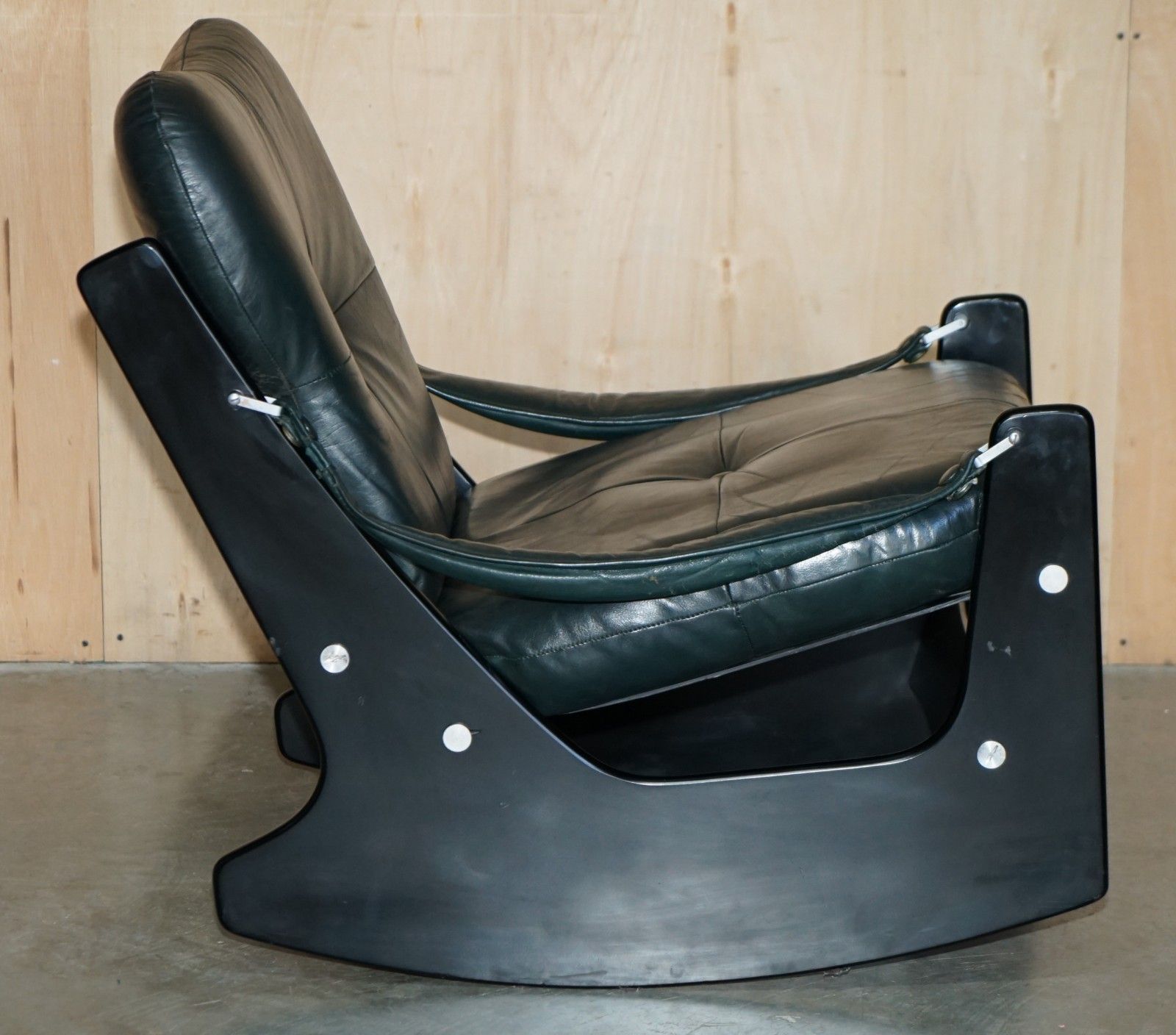 photo for sale Fine Mid Century Modern Green Leather 1970's Pirelli Chesterfield Rocking Chair