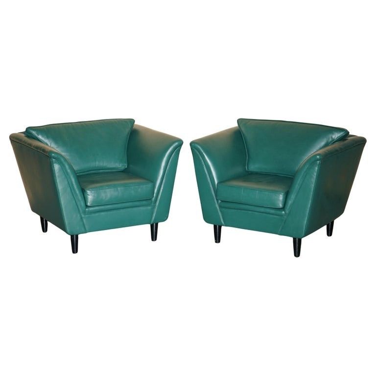 Pair Of Vintage Mid Century Modern Designer Green Leather Contemporary Armchairs