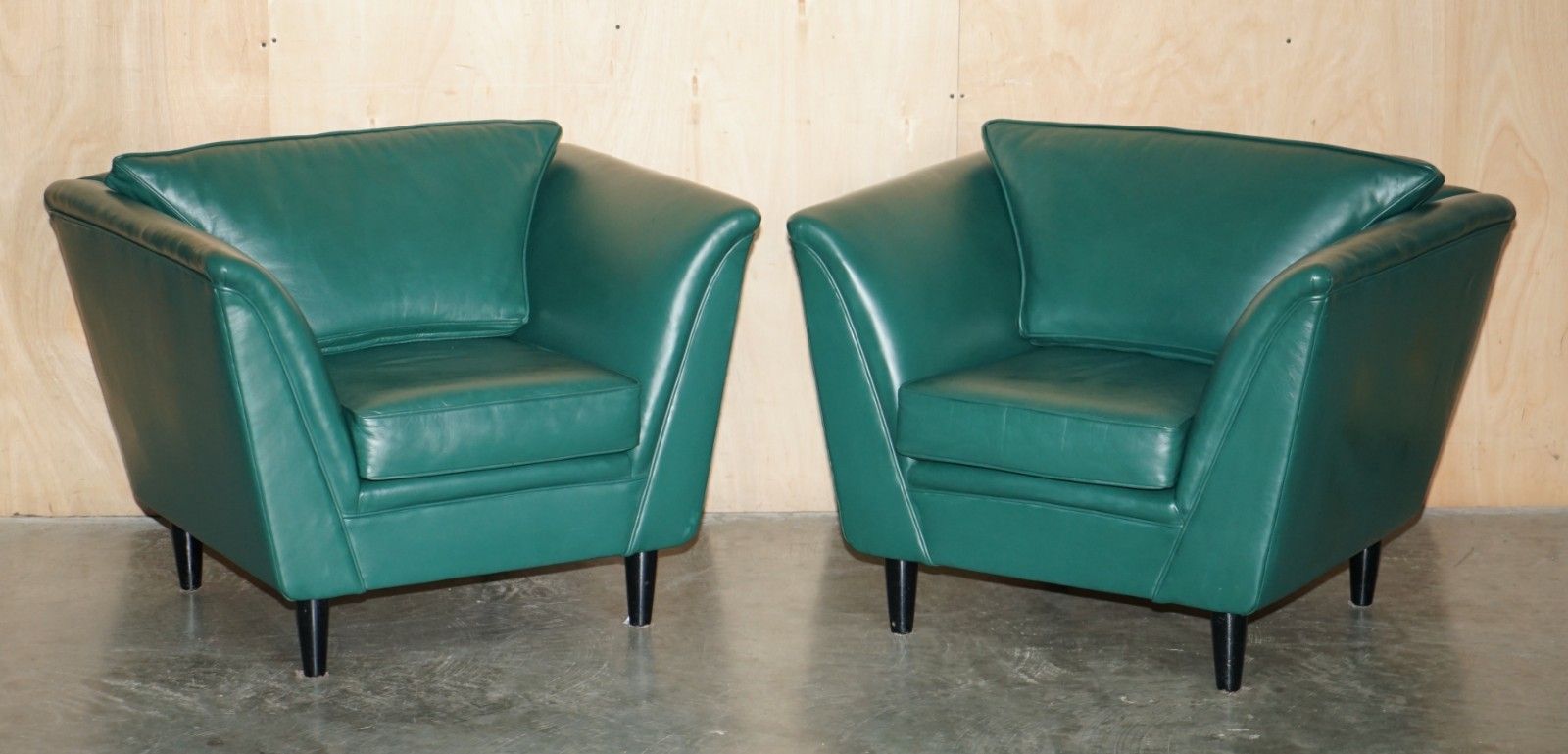 Pair Of Vintage Mid Century Modern Designer Green Leather Contemporary Armchairs photo furniture