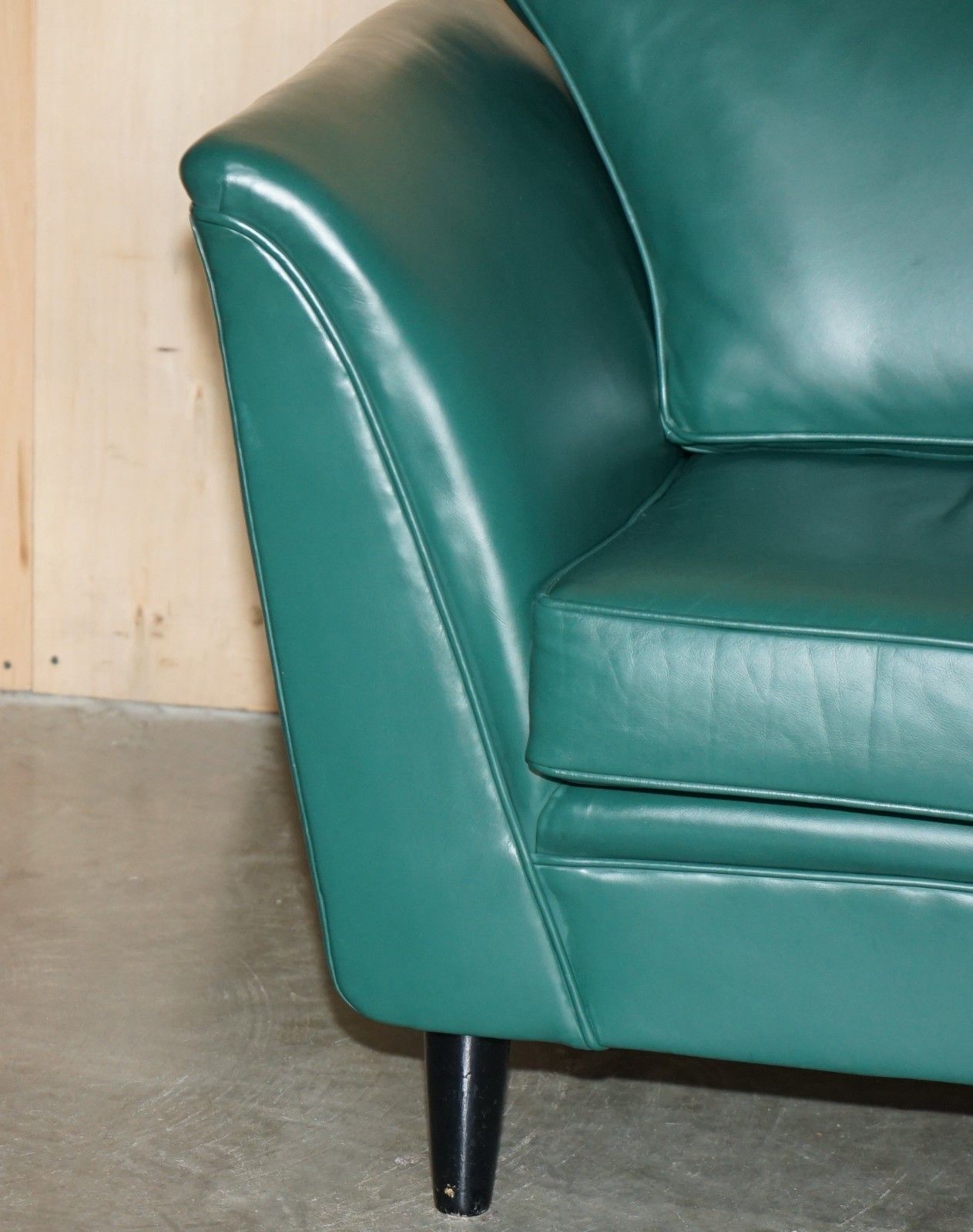 Furniture Pair Of Vintage Mid Century Modern Designer Green Leather Contemporary Armchairs photo