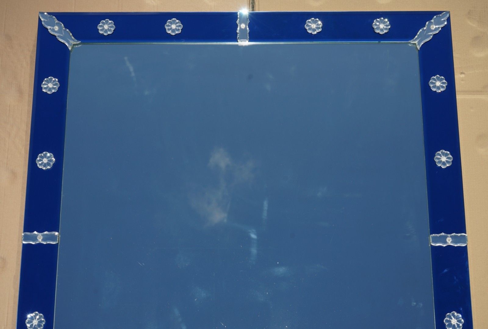 Very Large 151cm X 133cm Italian Venetian Cobalt Blue Cut Glass Wall Mirror photo for sale
