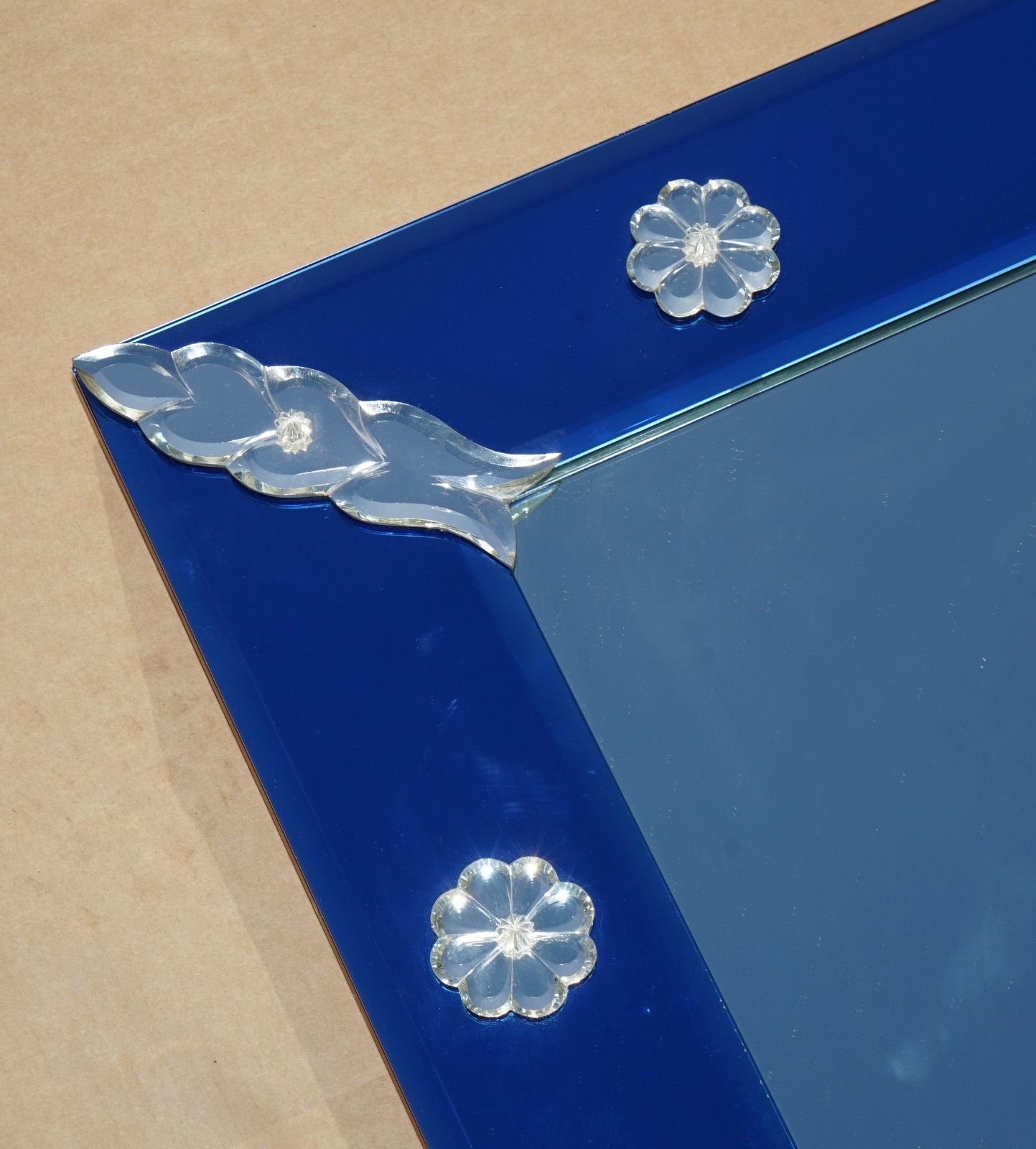photo buy Very Large 151cm X 133cm Italian Venetian Cobalt Blue Cut Glass Wall Mirror