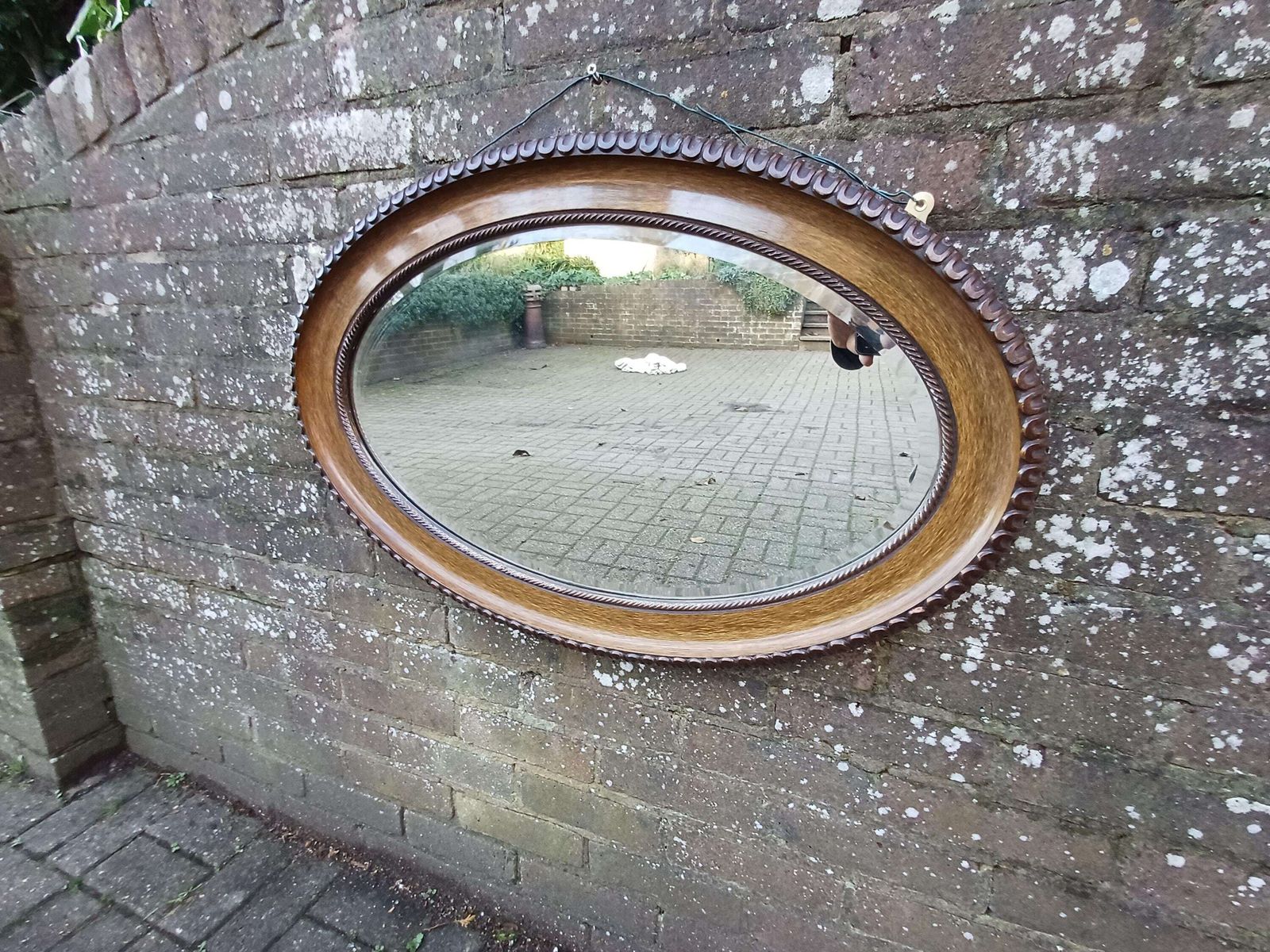 Large Vintage Early 20th Century Oval Wall Mirror Faux Wood Grain Painted Frame Bevelled Glass In Vgc Antique Highly But Subtly Decorative