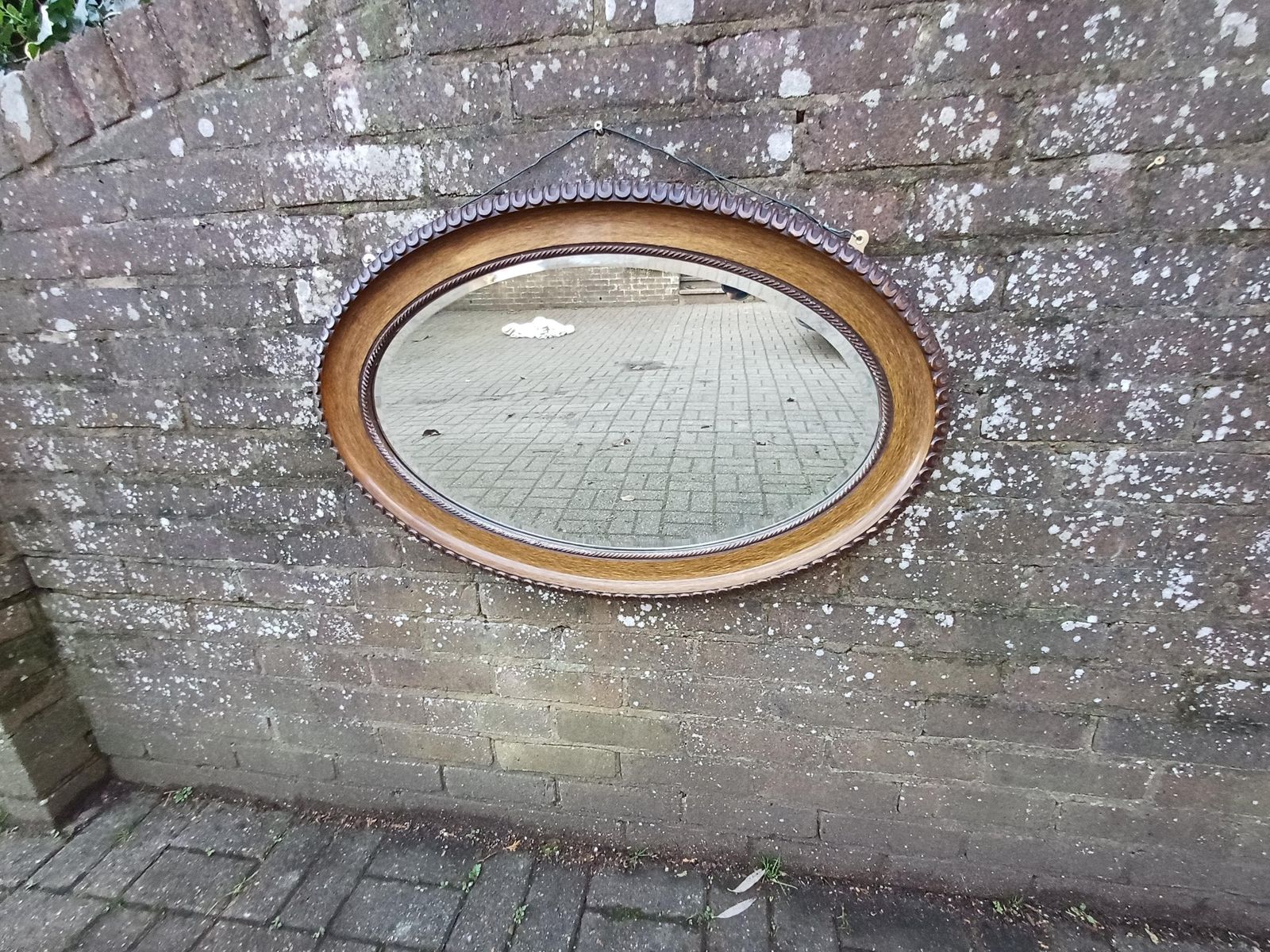 photo for sale Large Vintage Early 20th Century Oval Wall Mirror Faux Wood Grain Painted Frame Bevelled Glass In Vgc Antique Highly But Subtly Decorative