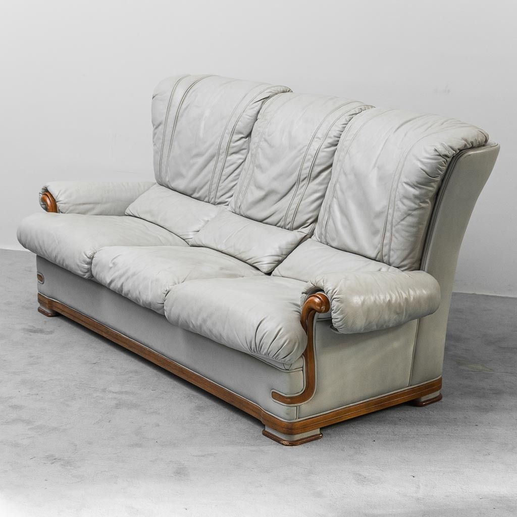 Vintage 3 Seater Sofa In Grey Leather And Wood, 1950s, Modern Antiques photo vintage