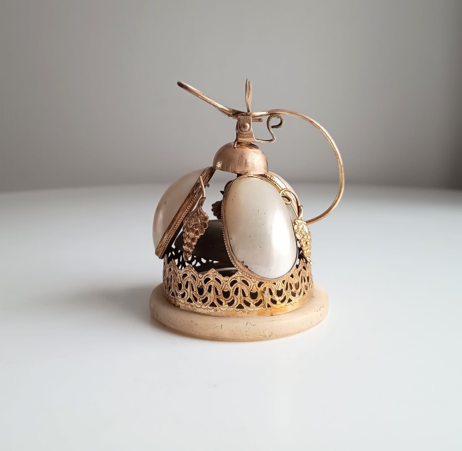 French Palais Royale Ormolu Table Bell: Mother Of Pearl Shell, Grapes Decor, 19 Century Grand Tour Object photo Home Decor