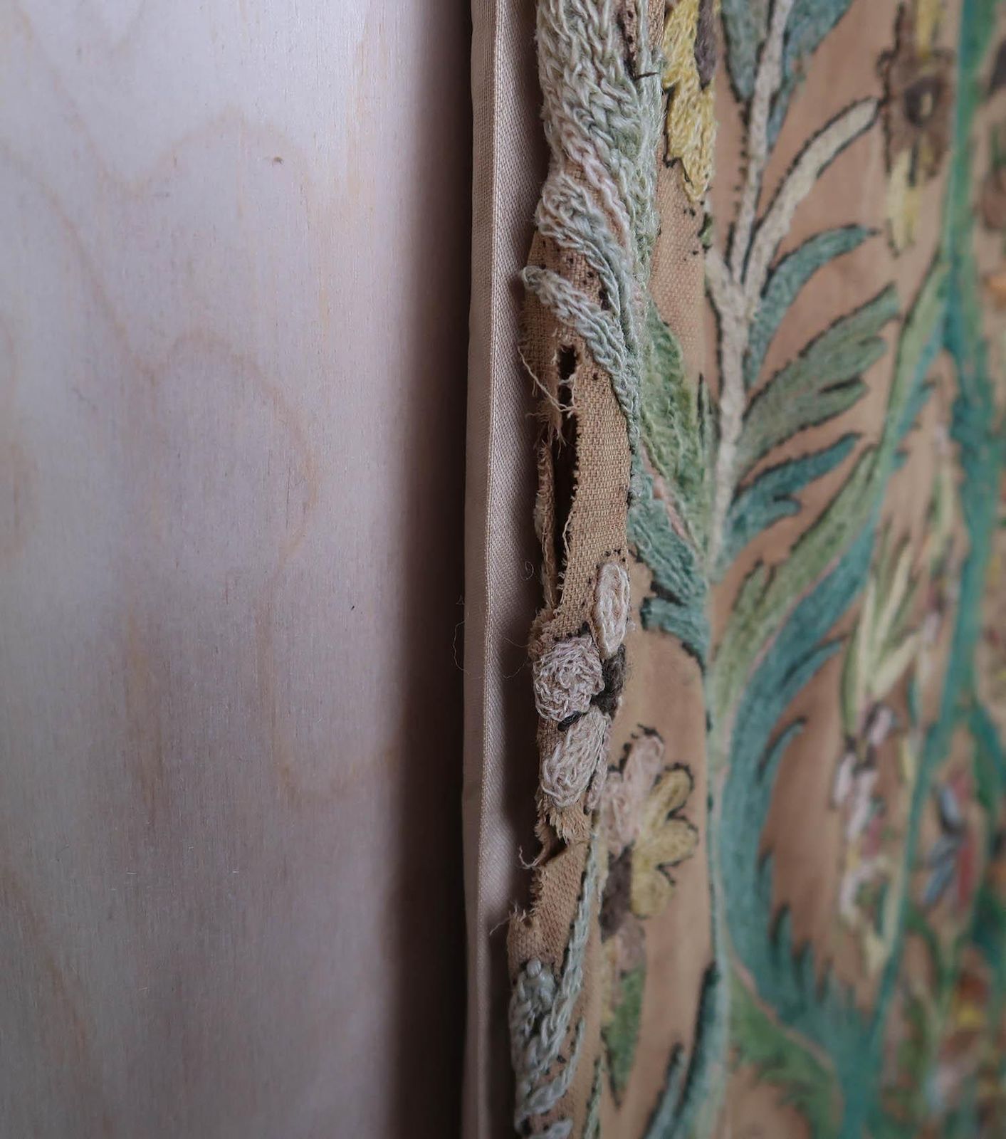 photo for sale Pair Of Antique Arts And Crafts Style Crewel Work Curtains. English C.1900