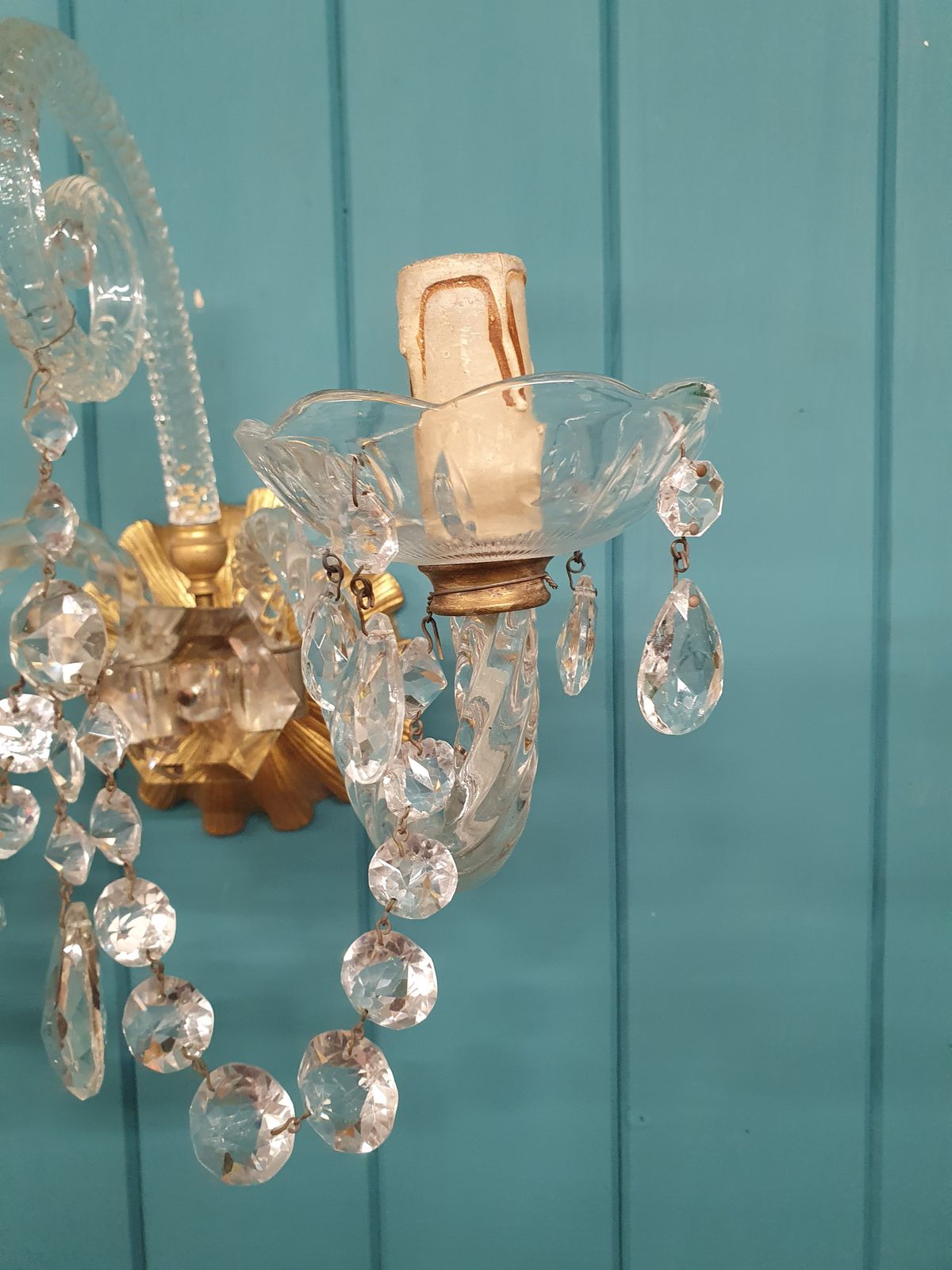 Lighting Pair Of Early 20th Century Antique Glass And Brass Wall Lights French photo