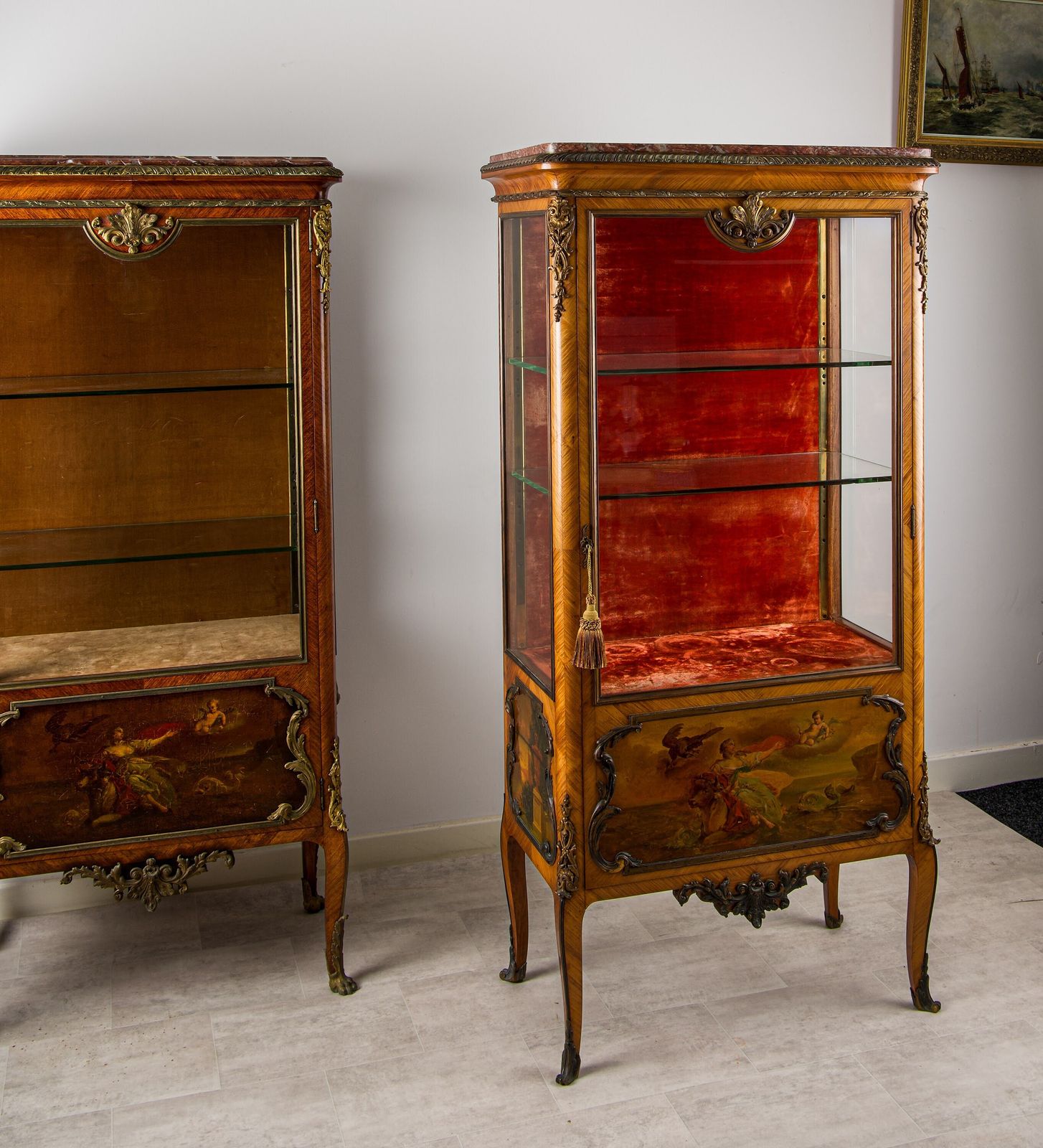 Matched Pair Of 19th Century French Kingwood Vernis Martin Vitrines With Marble Tops photo furniture