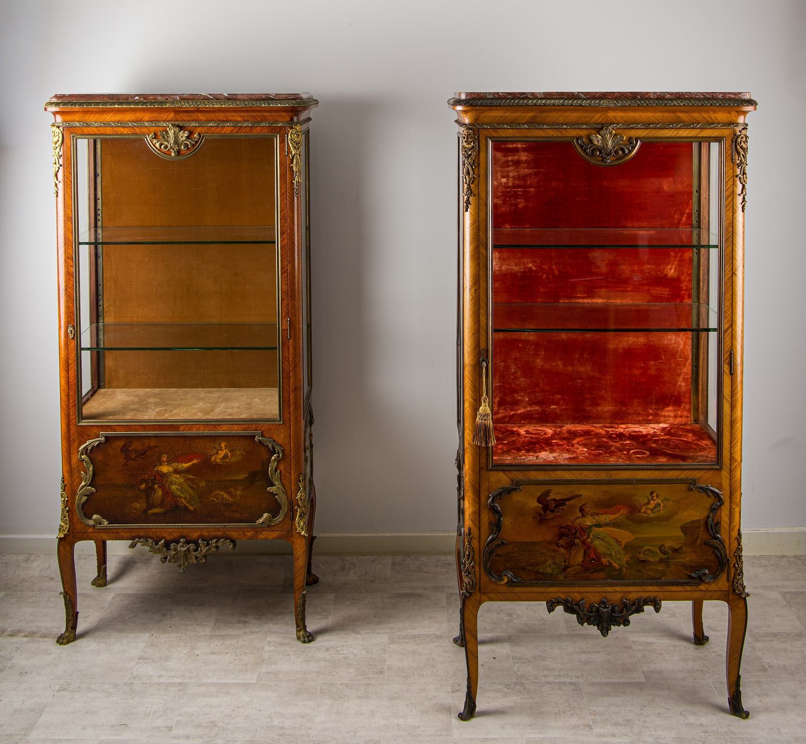 Matched Pair Of 19th Century French Kingwood Vernis Martin Vitrines With Marble Tops photo vintage