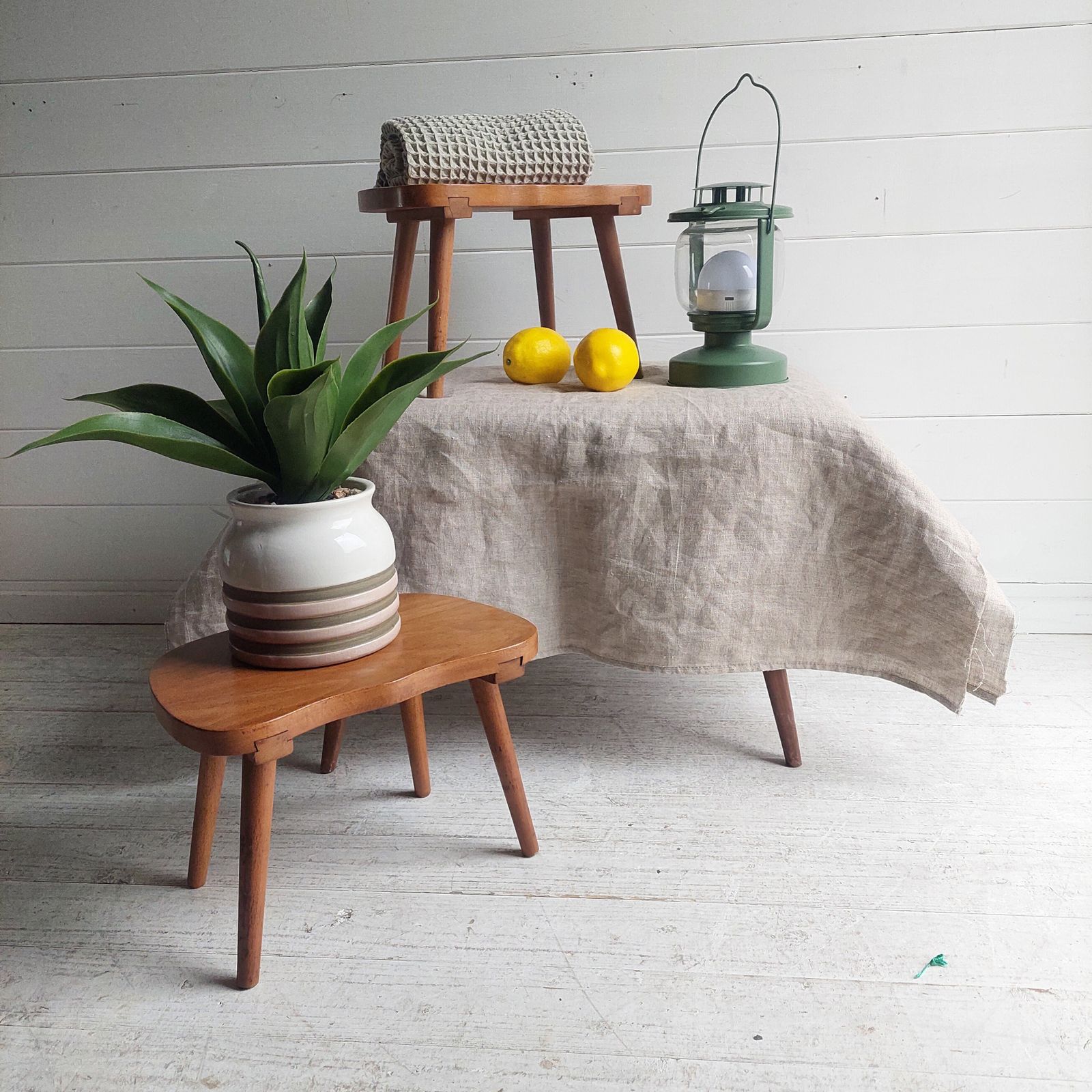 Mid Century Milking Stools Scandinavian Handmade Step Stool Planter Yugoslavia 50s Set Of 2 photo for sale