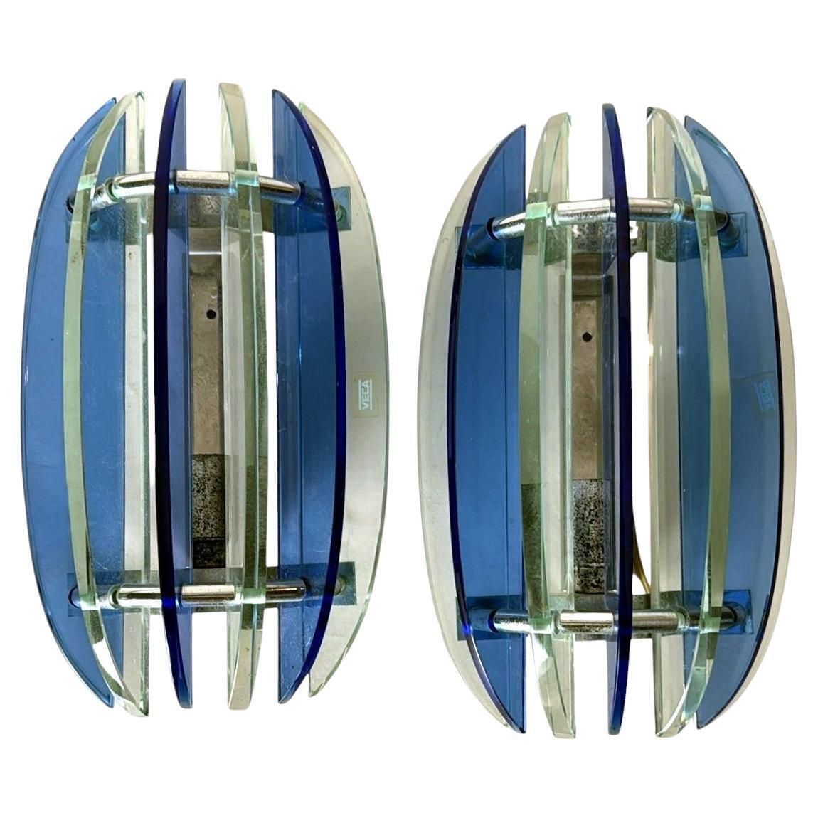Veca For Fontana Arte Pair Of Italian Wall Sconces Steel And Seven Crystal