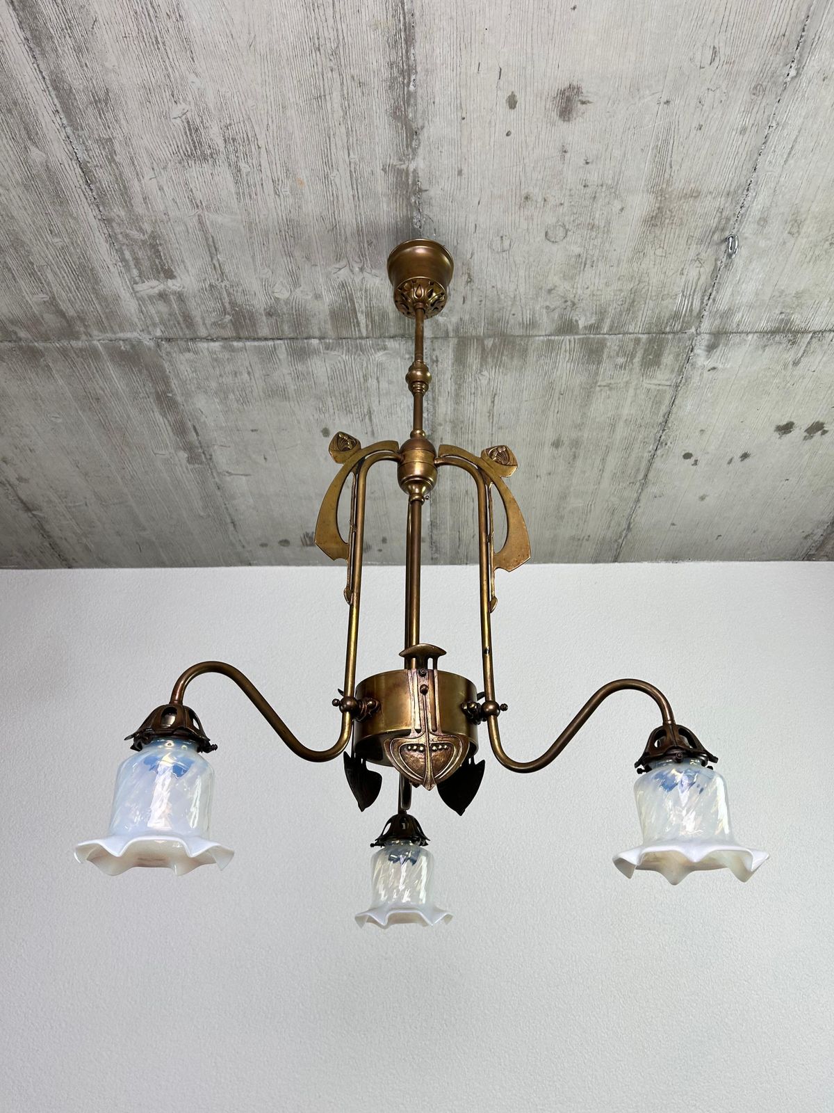 Art Nouveau Three Arm Chandelier With Opal Iridescent Glass photo furniture