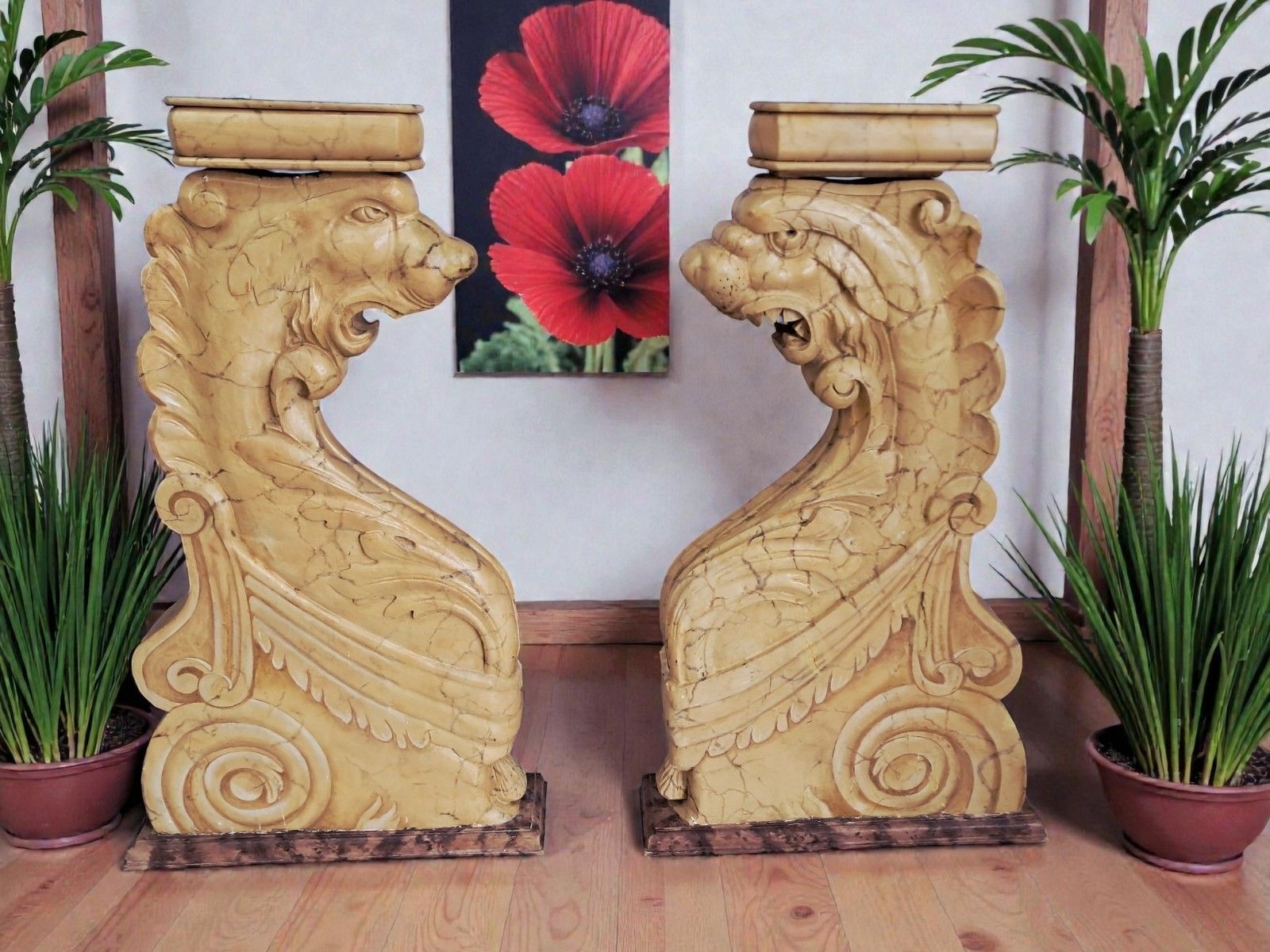 Vintage Pair Of Asian Dragon Pedestals Plant Stands Sculptures Jardinières Large photo furniture