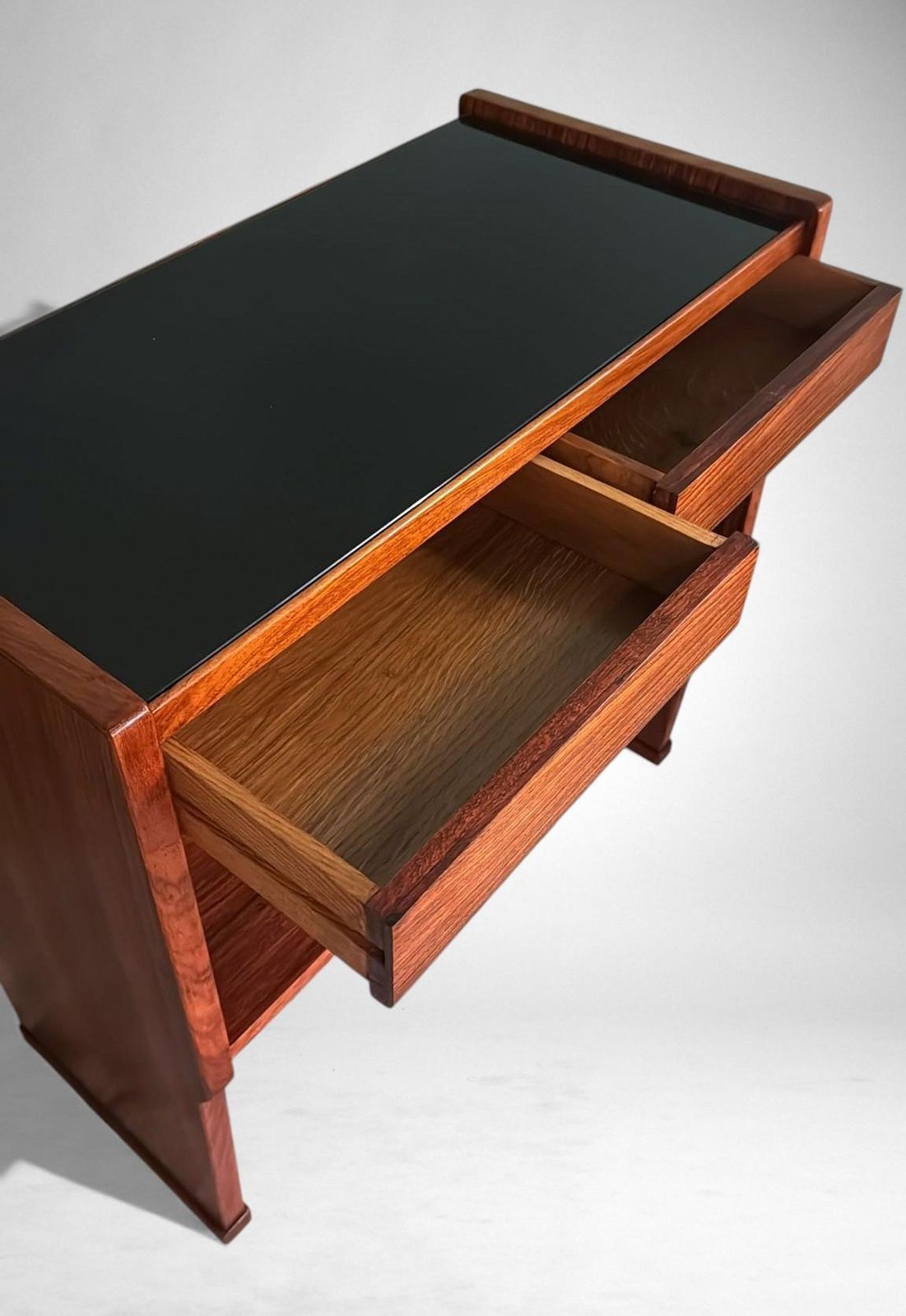 Furniture Mid Century Modern Italian Console In Red Walnut With Black Glass Top photo
