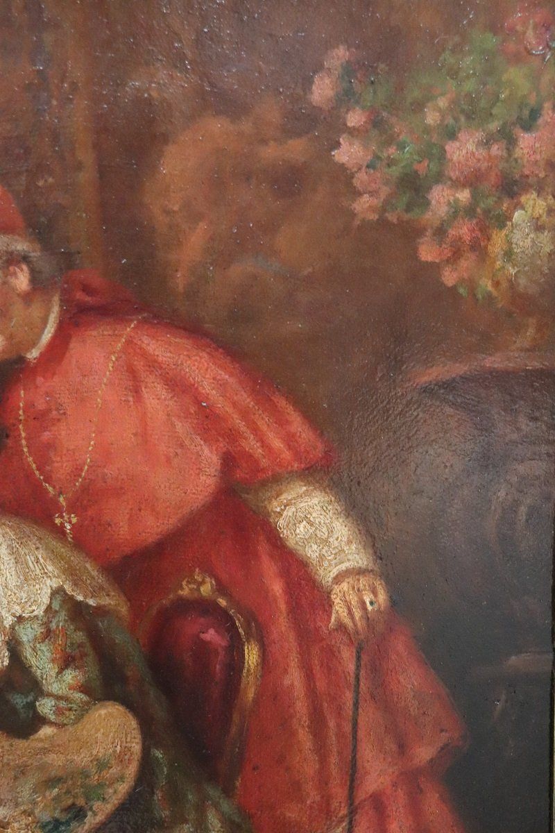 Italian School Artist, Young Woman Painter With Cardinal, Oil Painting On Cardboard, 19th Century, Framed photo buy