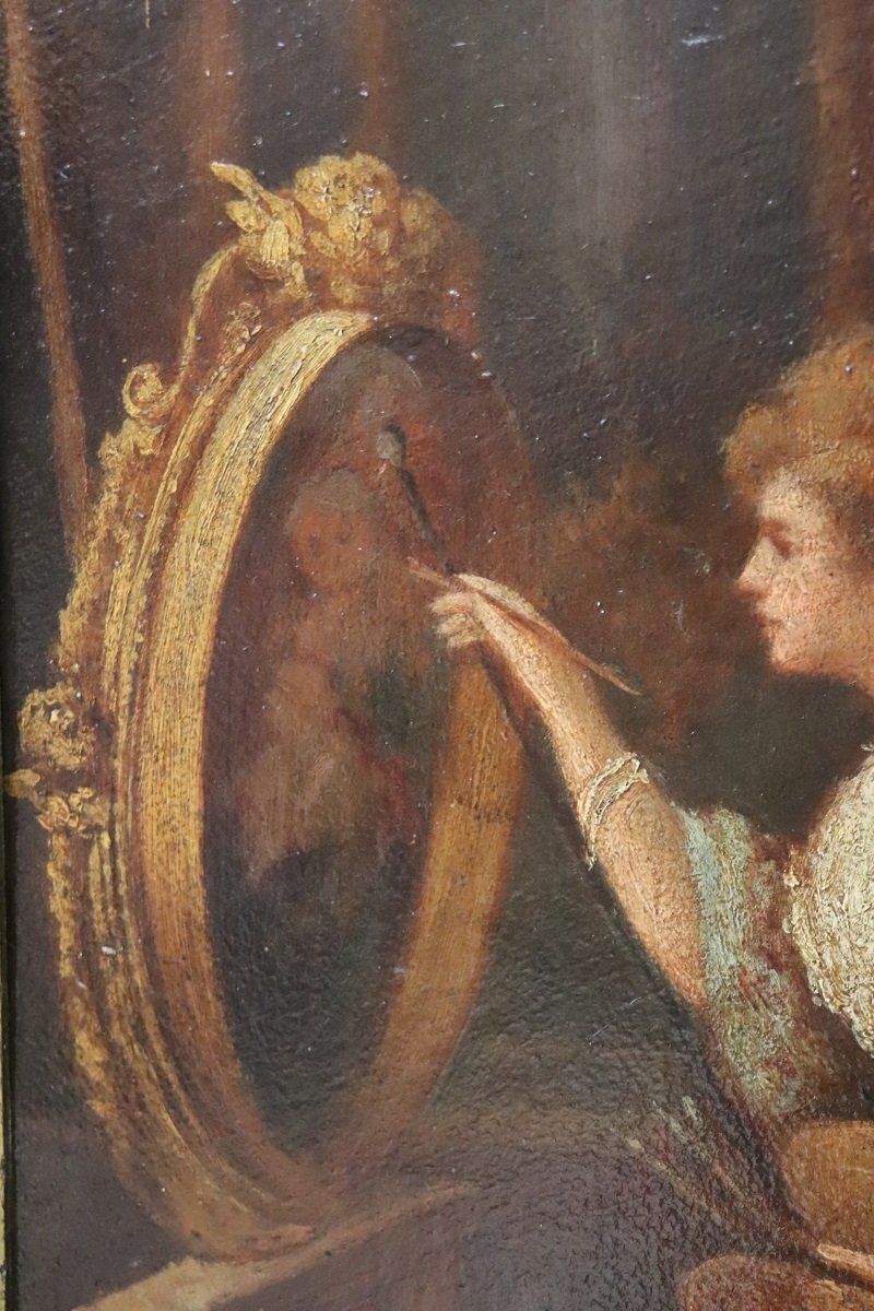 photo furniture Italian School Artist, Young Woman Painter With Cardinal, Oil Painting On Cardboard, 19th Century, Framed