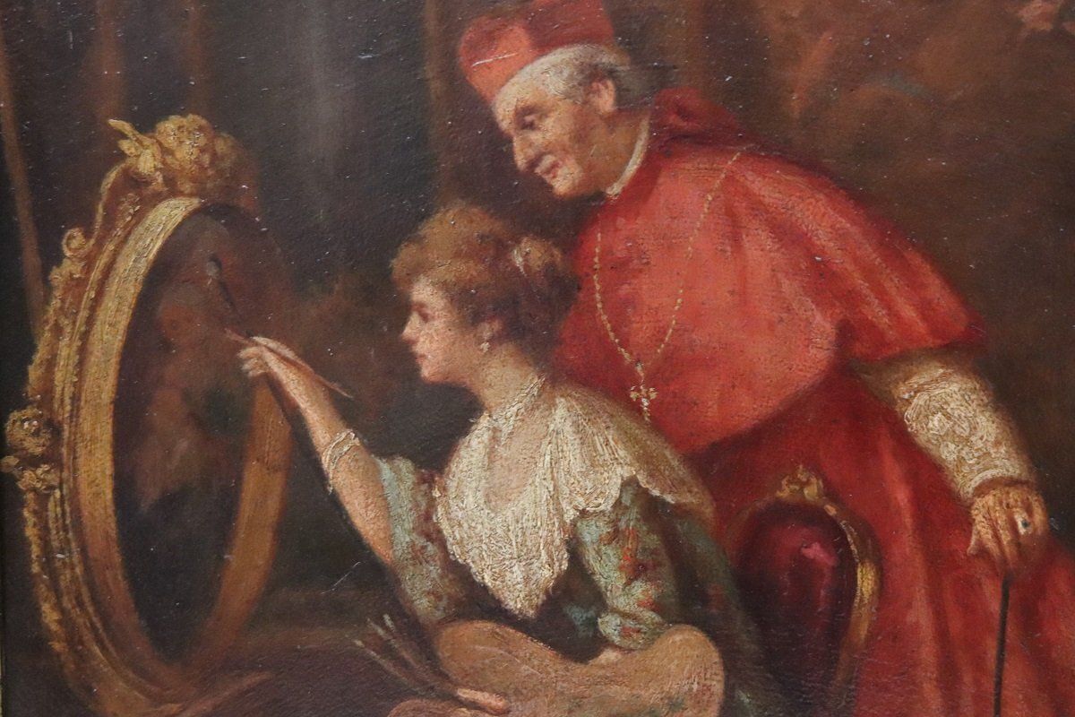Art Italian School Artist, Young Woman Painter With Cardinal, Oil Painting On Cardboard, 19th Century, Framed photo