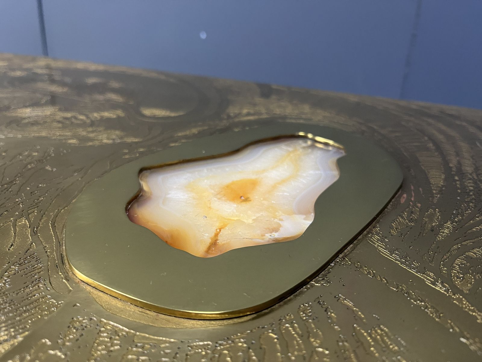 photo for sale Etched Brass And Inlaid Agate Coffee Table By Felix De Boussy, Belgium