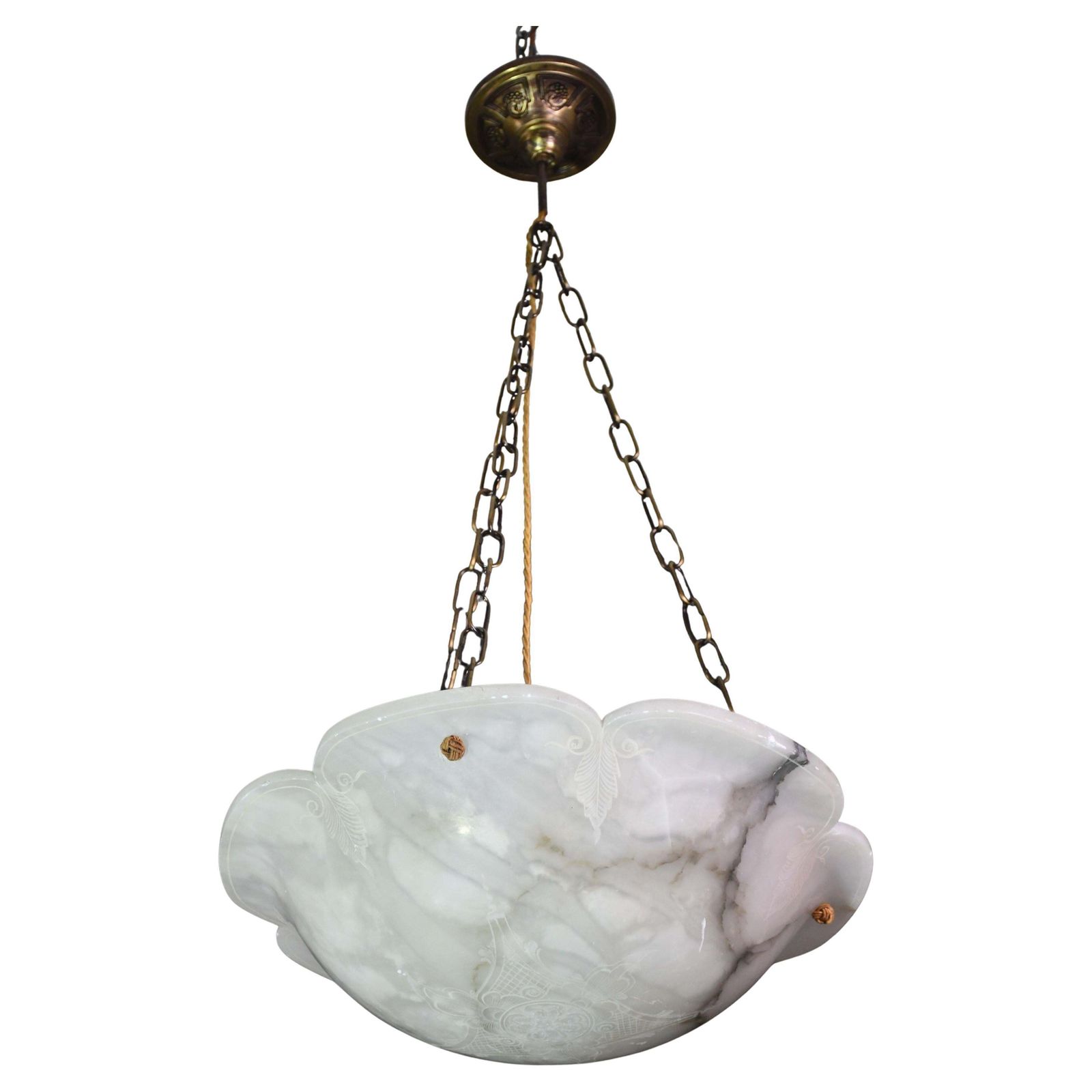 Great Design Extra Large Size Art Deco White Alabaster Chandelier, 1950s