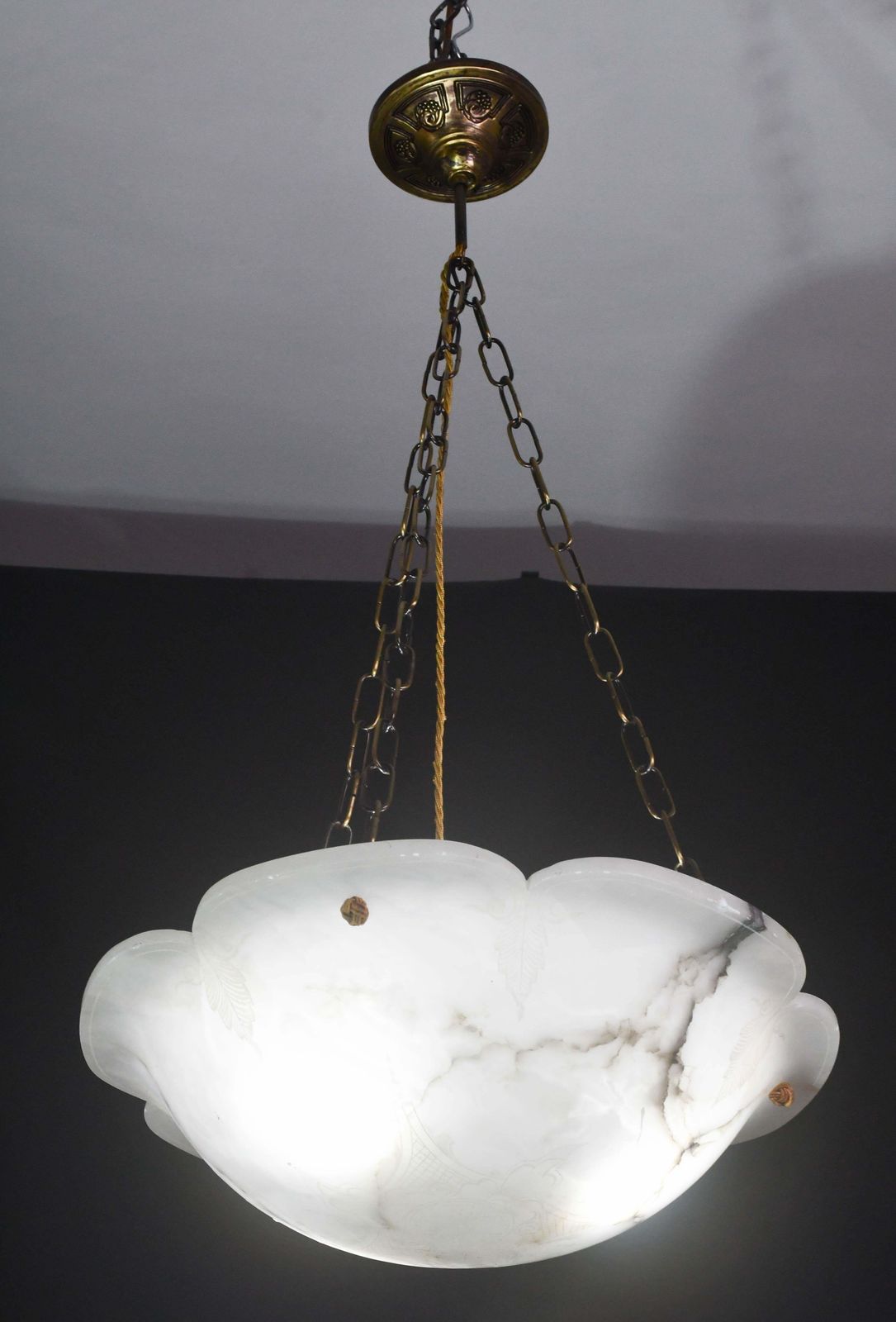 Great Design Extra Large Size Art Deco White Alabaster Chandelier, 1950s photo for sale