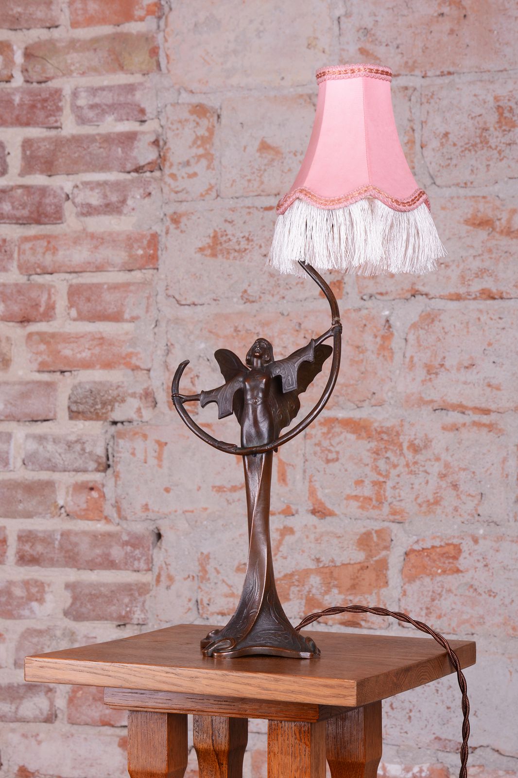 Original Art Nouveau Table Lamp, Brass, Textile Lampshade, Austria, 1910s photo 1100.0