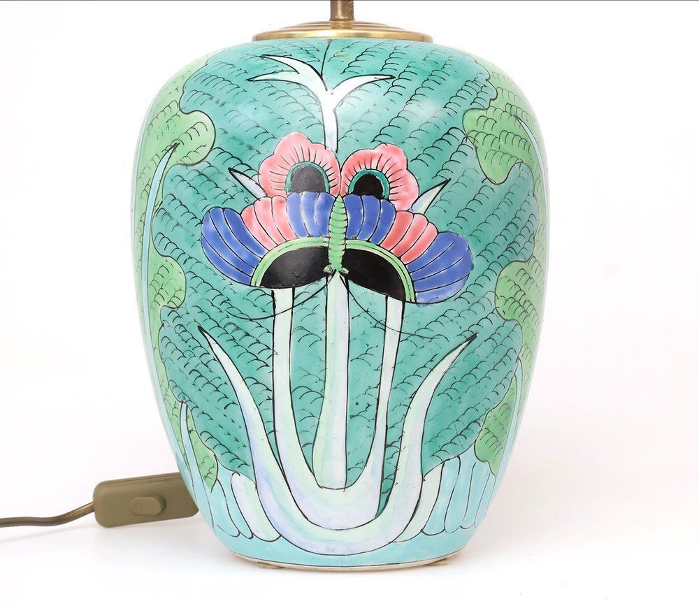 Vintage Chinese Famille Vert Porcelain Table Lamp With Butterfly, 1950s photo vintage