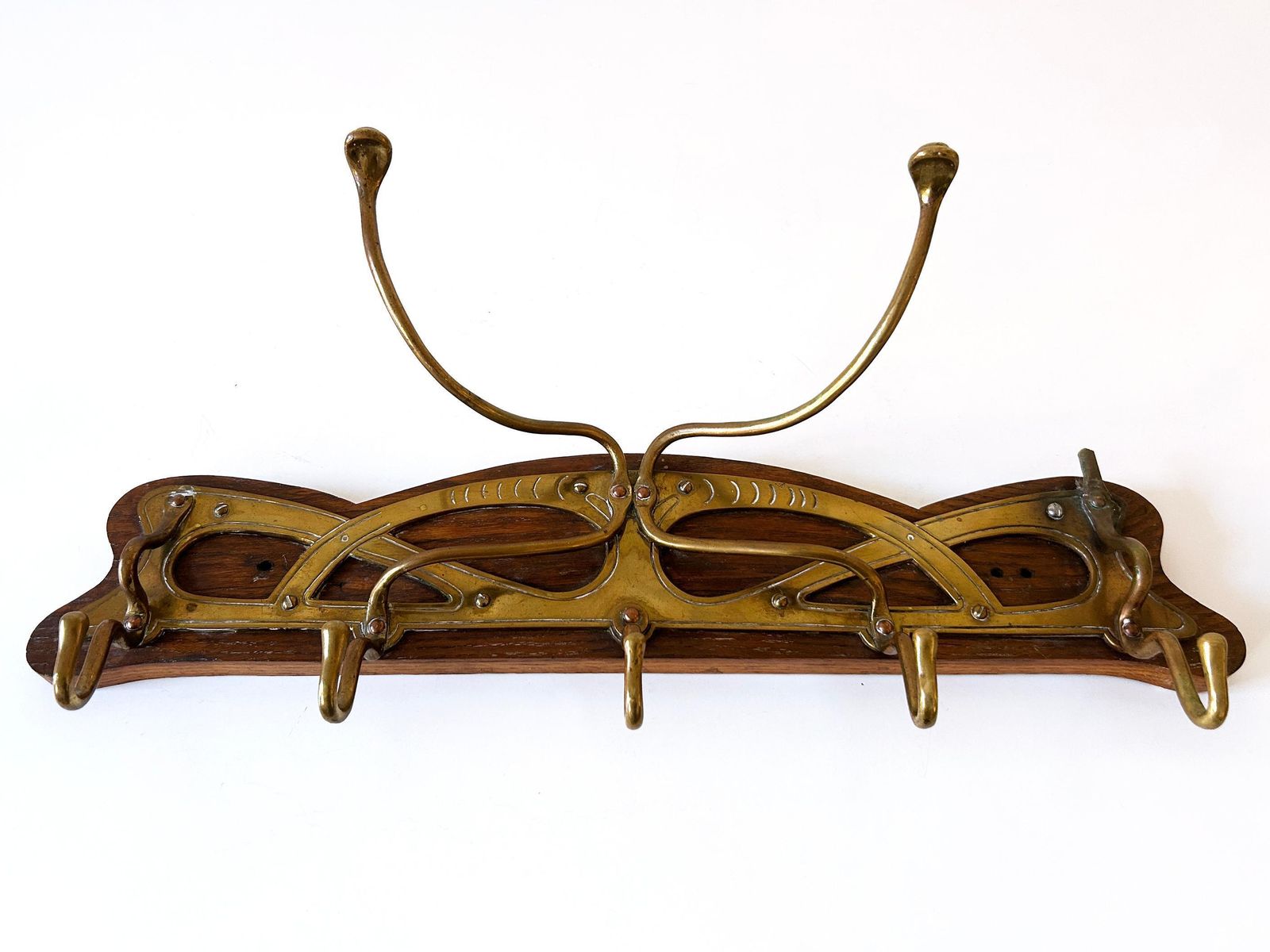Original Art Nouveau Brass & Wood Coat Rack Or Hanger Germany 1900s photo for sale