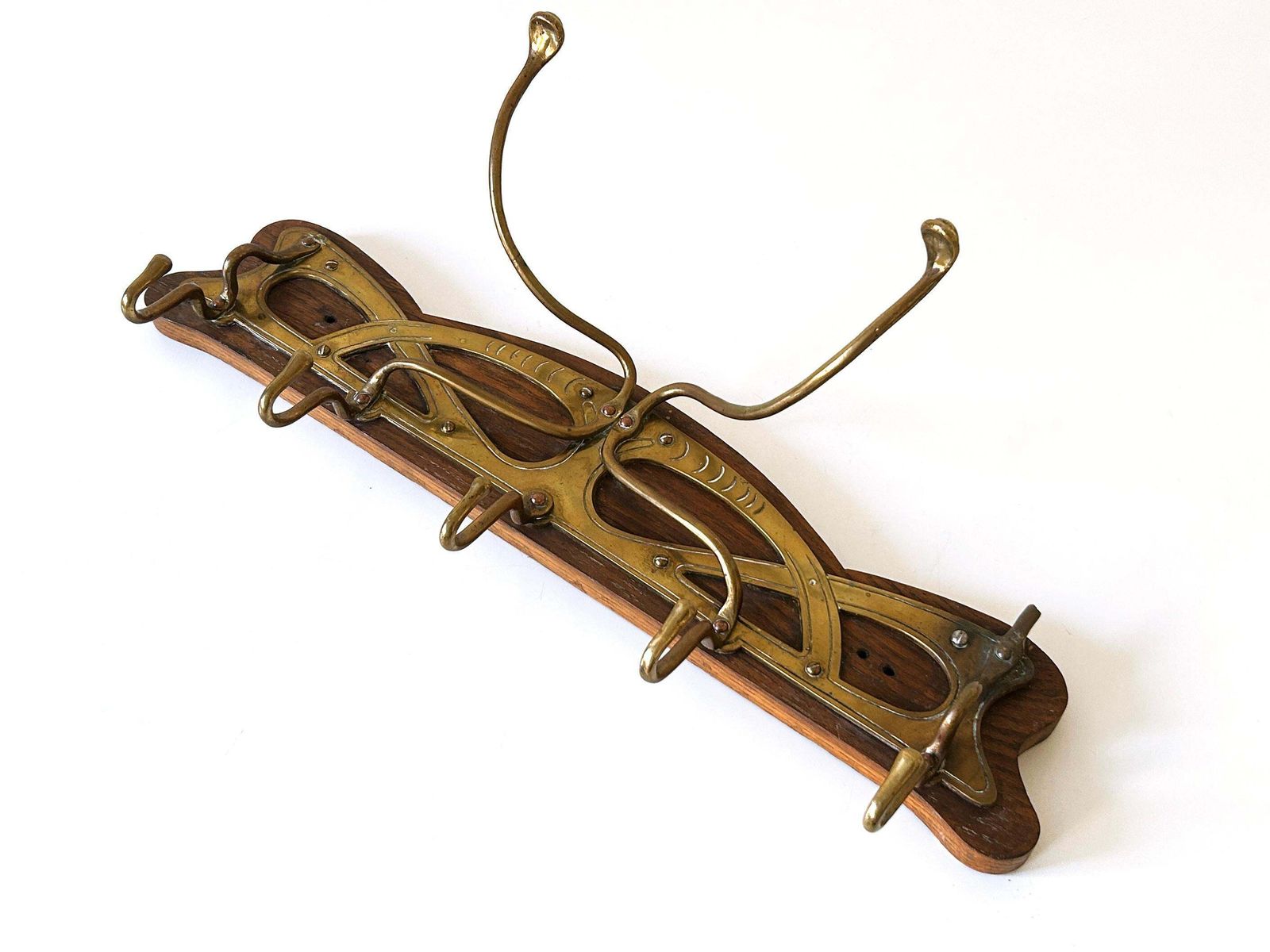 Original Art Nouveau Brass & Wood Coat Rack Or Hanger Germany 1900s photo buy