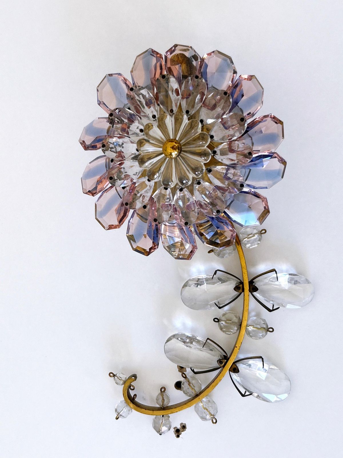 Amazing Palwa Iridescent Crystal Glass & Brass Flower Sconce Or Wall Lamp 1960s photo for sale