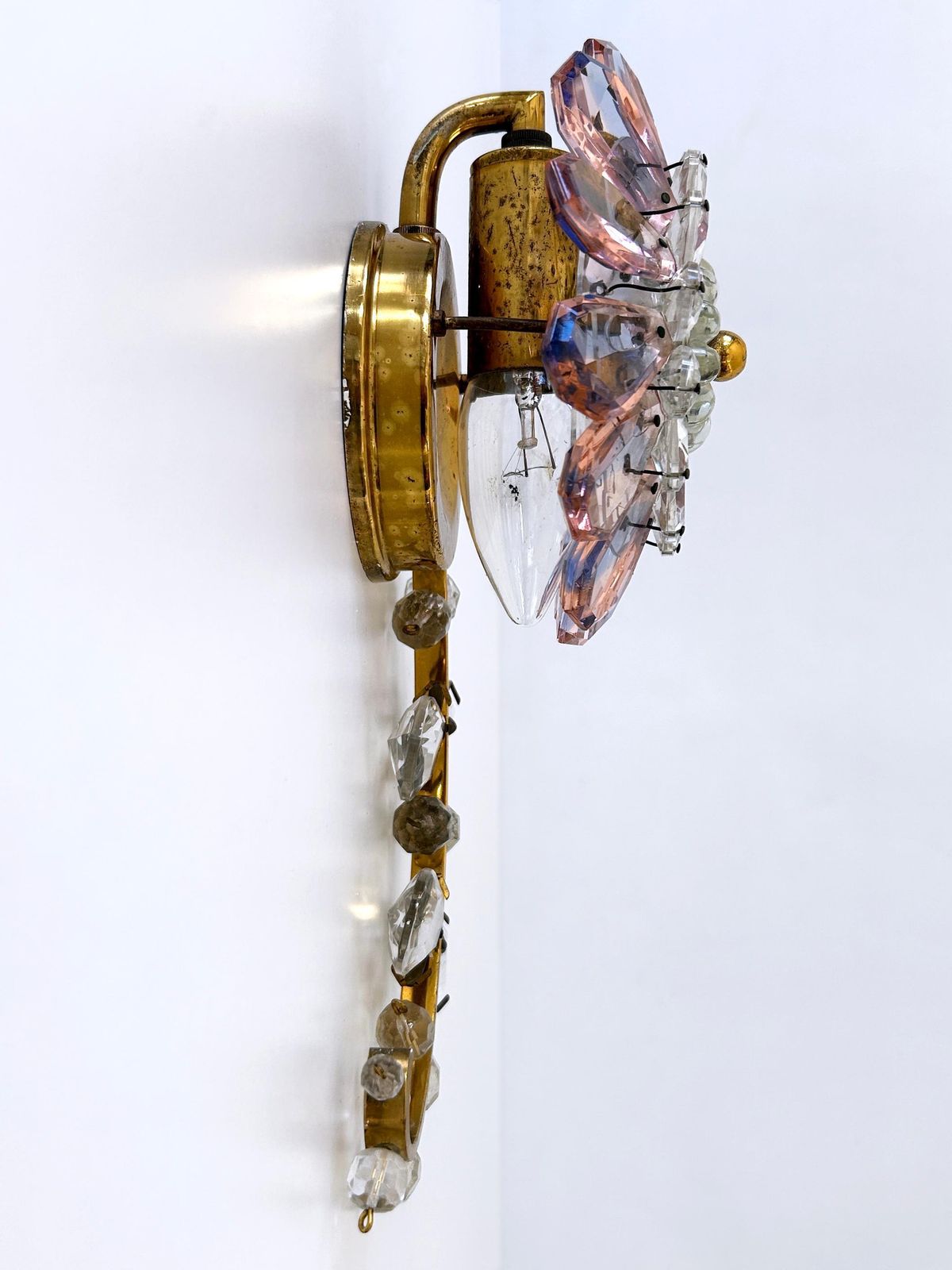 photo furniture Amazing Palwa Iridescent Crystal Glass & Brass Flower Sconce Or Wall Lamp 1960s