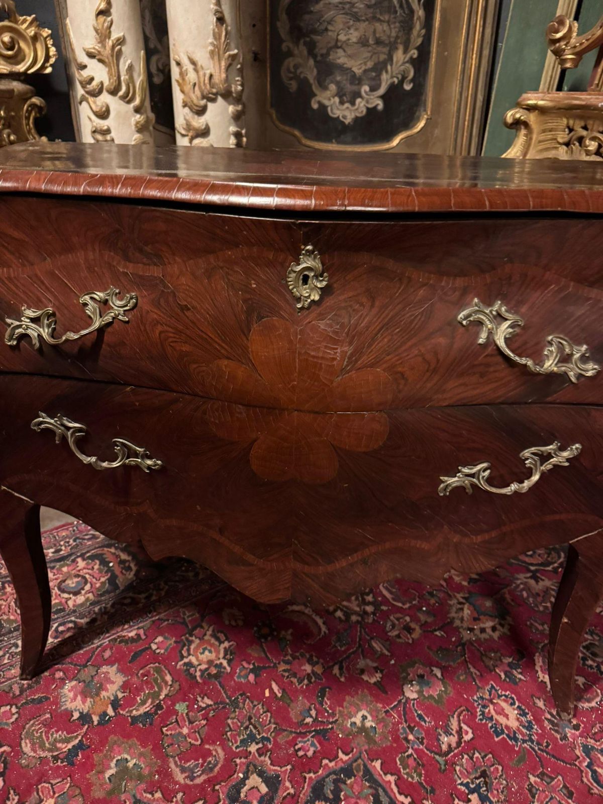 Rounded Chest Of Drawers In Briar Walnut Wood, Panelled And Inlaid, Italy photo for sale