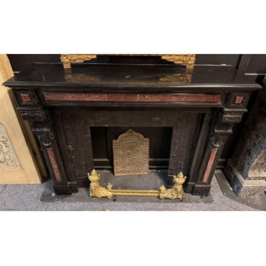 Belgium Black Marble Antique Fireplace With France Red Marble Inlays photo vintage
