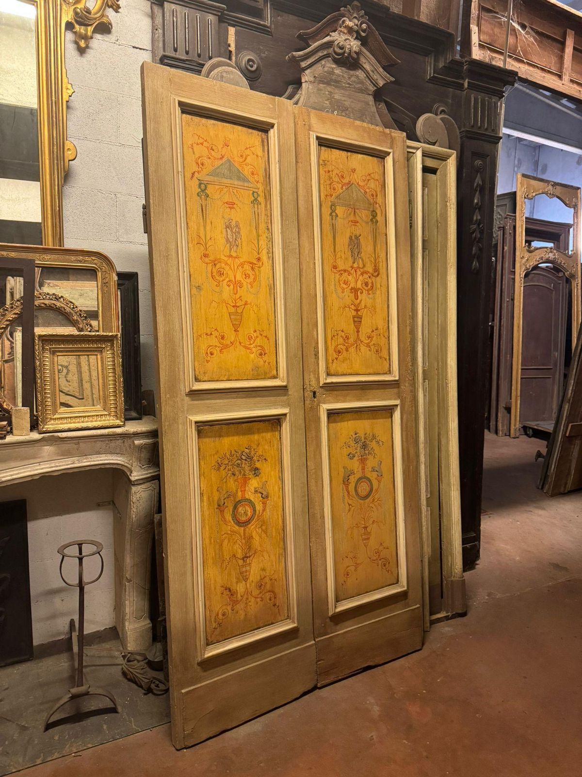Lacquered Wooden Double Door, Yellow Painted Panels, Italy photo for sale