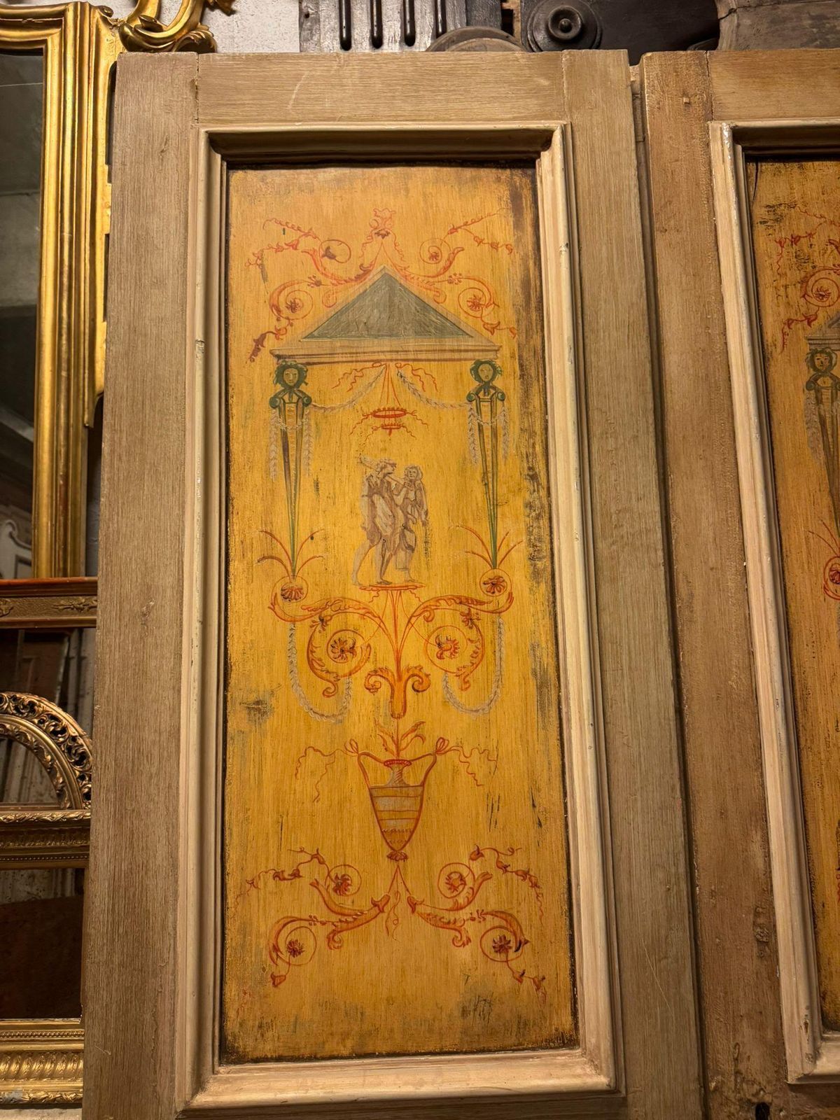 Lacquered Wooden Double Door, Yellow Painted Panels, Italy photo vintage